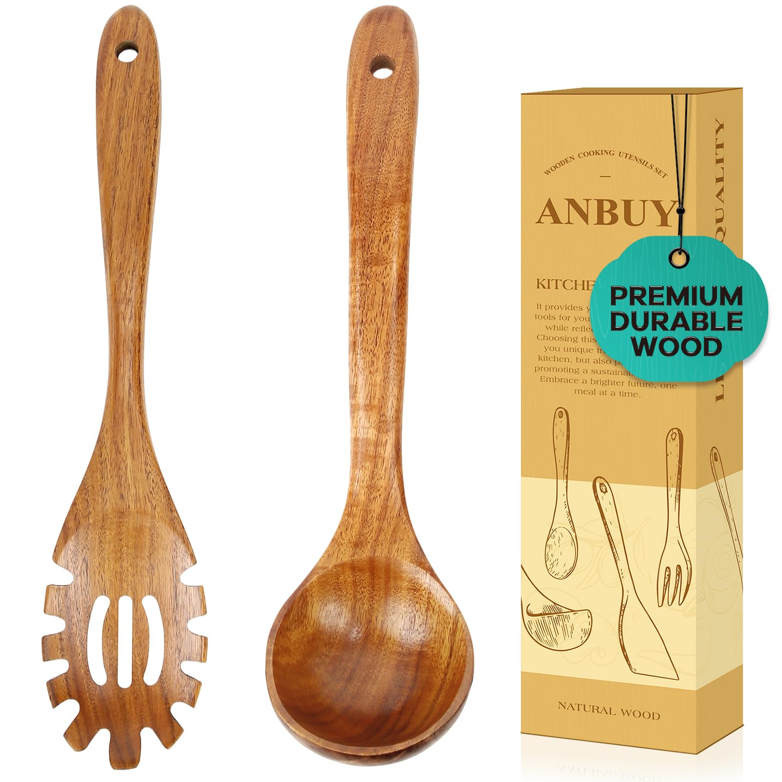 Wooden Spoons for Cooking, Natural Teak Wood Kitchen Utensil Set, Large Soup Ladle and Pasta Slotted Fork Strainer Spoon with Teeth for Cooking Serving Sauce (2 Pcs)