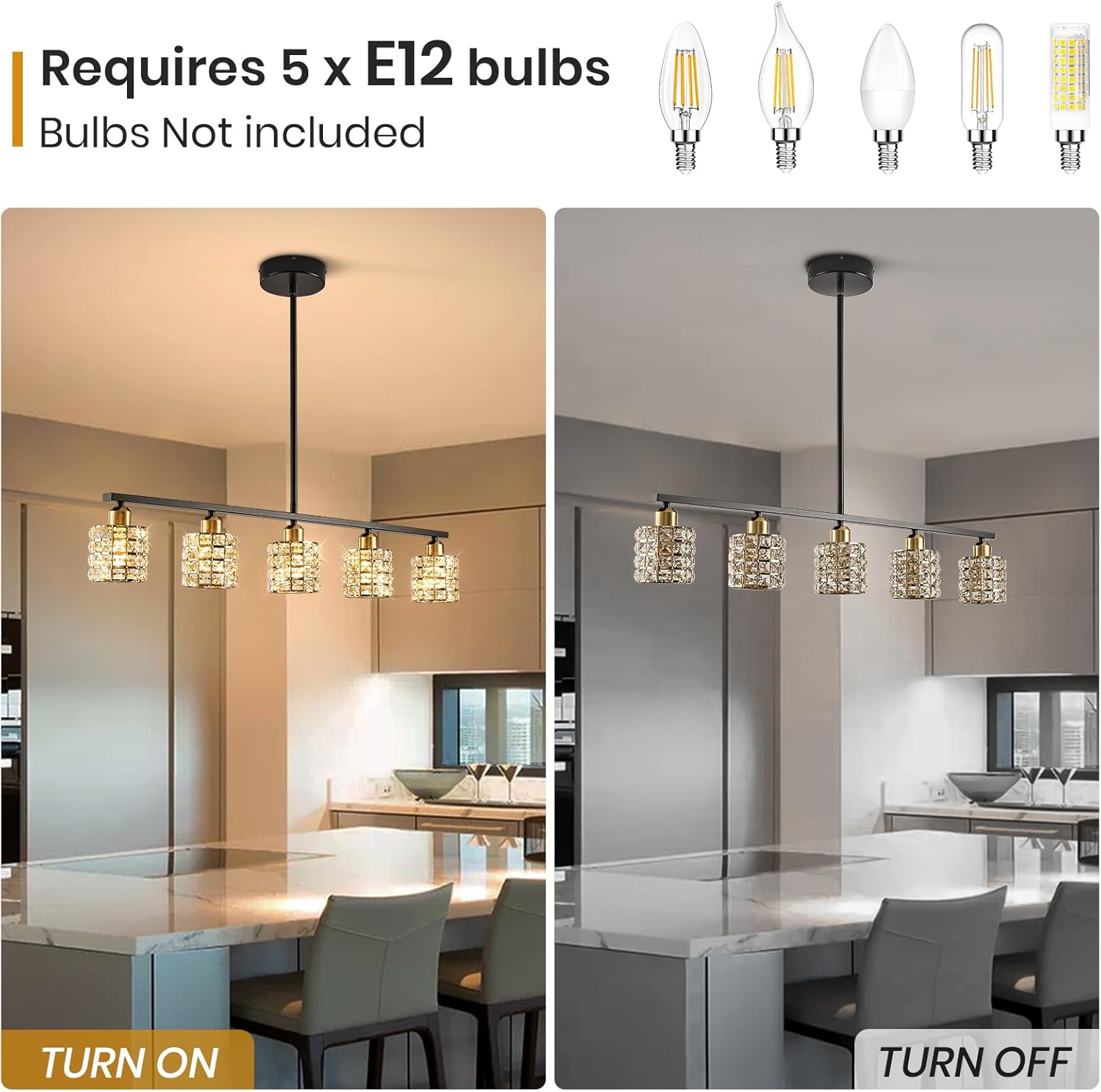 5-Light Linear Crystal Chandelier, Black and Gold Dining Room Light Fixtures Over Table, Adjustable Height Farmhouse Pendant Lights Kitchen Island for Dining Room