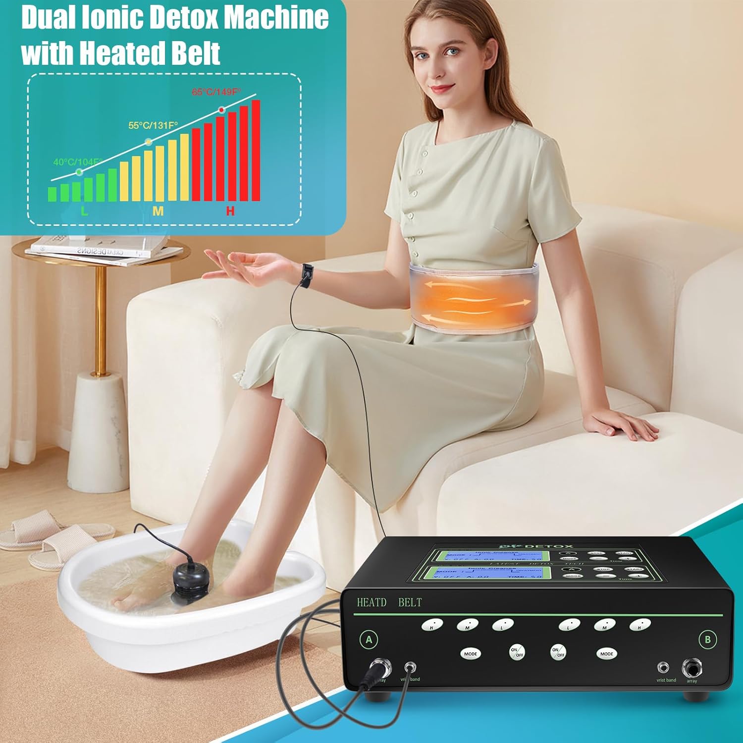 Person using the VnioLife Dual Ionic Foot Bath Detox Machine with a heated belt