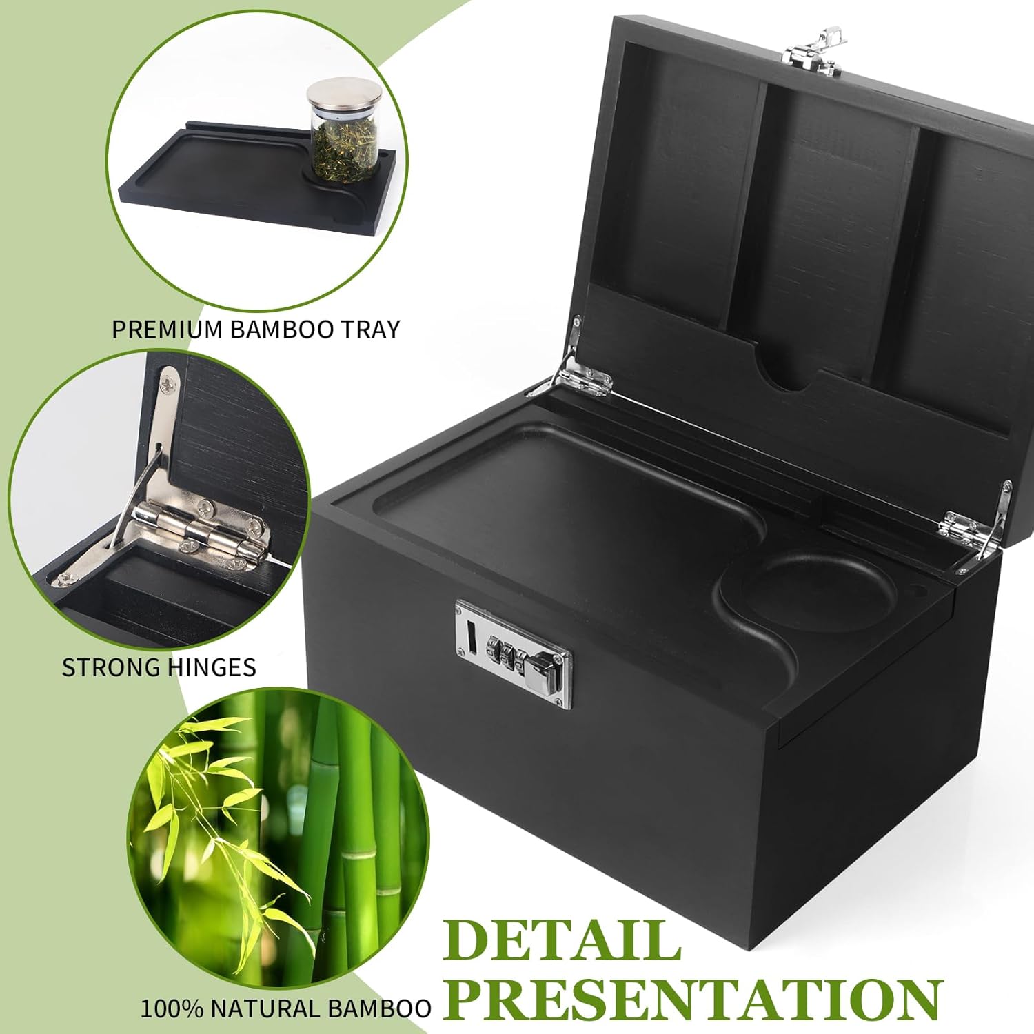 Large Black Bamboo Box with Combination Lock, Premium Storage Box with Removable Tray & Detachable Compartments, Wooden Decorative Boxes with Alright Jars & Brushes & Tubes for Great Gift Choice.