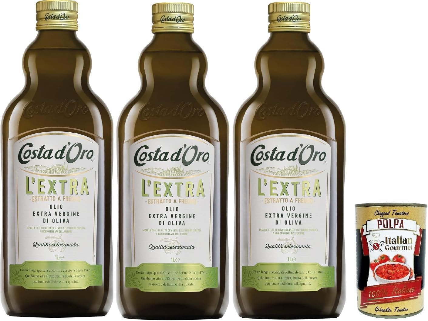 Italian Gourmet Bundle 3x Huile d’Olive Extra Vierge 1L – Lot 3 Bouteilles 100% Huile d’Olive, Idéale pour Cuisine Méditerranéenne, Salades, Cuisson, Assaisonnement, Qualité + Italian Gourmet Polpa