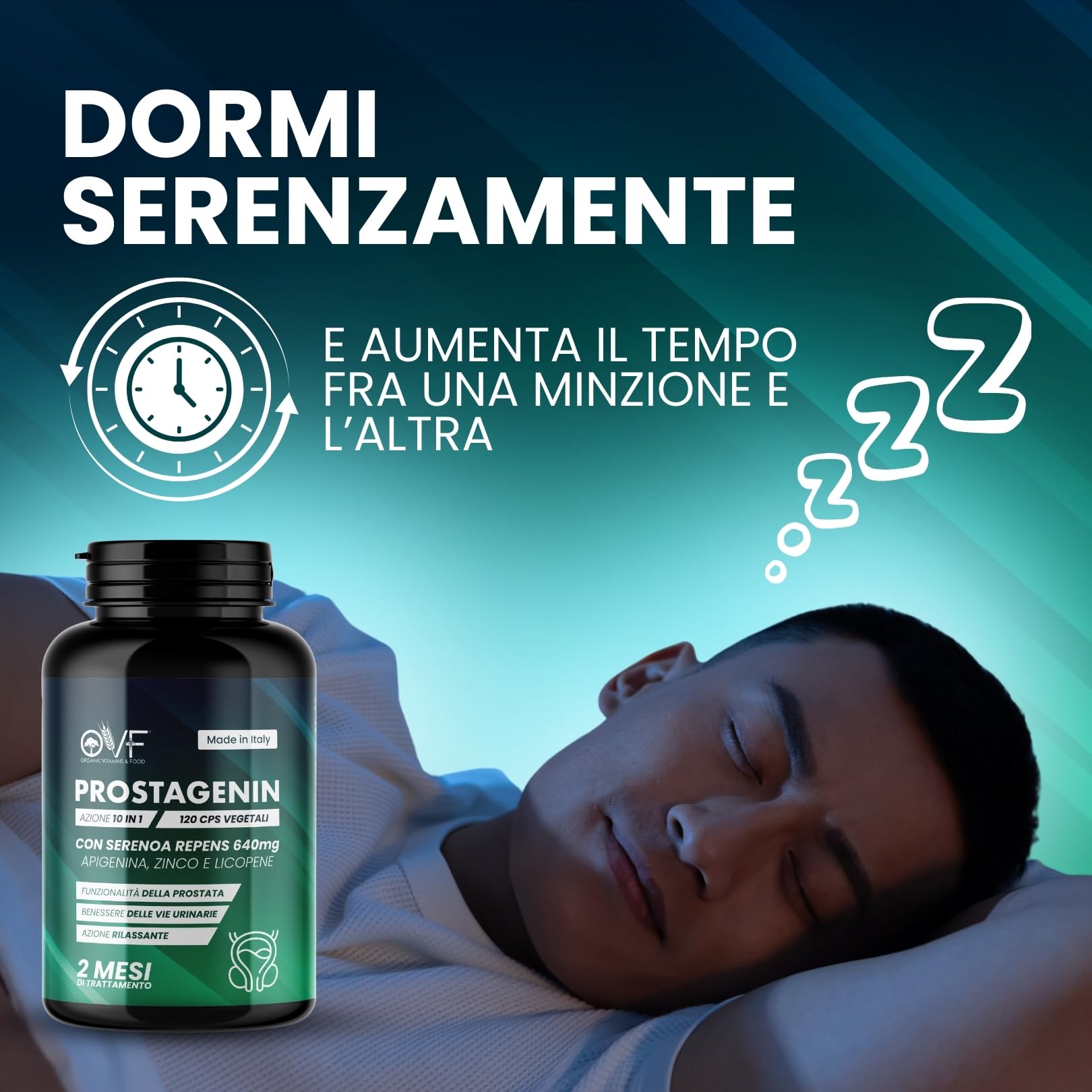 OVF Prostagenin - Serenoa Repens 640mg | 120 Capsule | Formula 4 in 1 con Apigenina, Zinco e Licopene | Supporto per la Funzionalità della Prostata e il Benessere delle Vie Urinarie