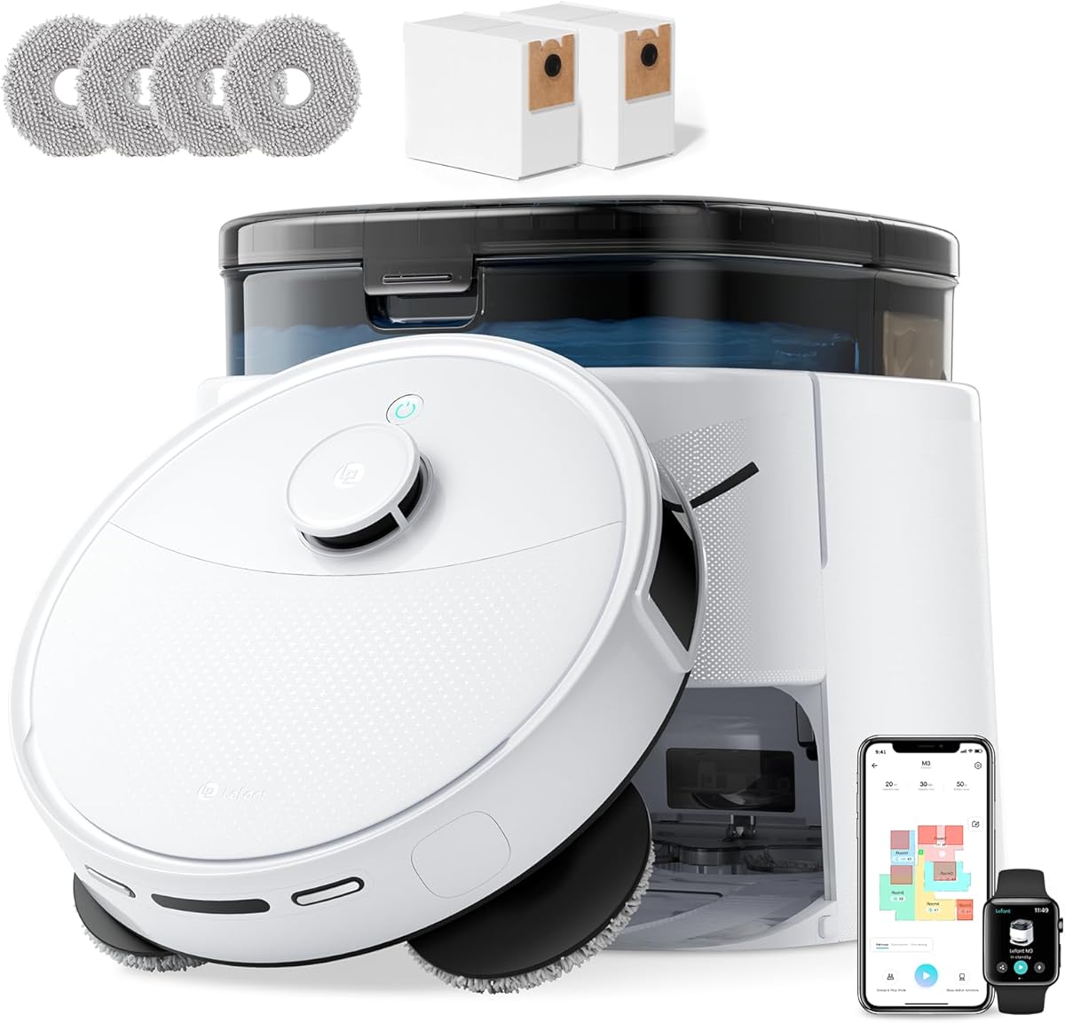 Lefant Robot Vacuum and Mop,12000Pa Suction Smart Obstacle Avoidance,Zero-Tangling,Self-Washing & Drying, Self-Emptying,Dual Spinning Mop for Pet Hair Dust, Wi-Fi/App/Alexa/iWatch Control,M3