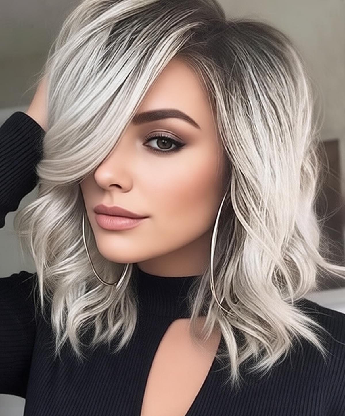 SEVENCOLORS Short Grey Wavy Wigs for White Women Ombre Silver Bob Wig with Dark Roots Synthetic Hair Natural Looking Gray White Wigs