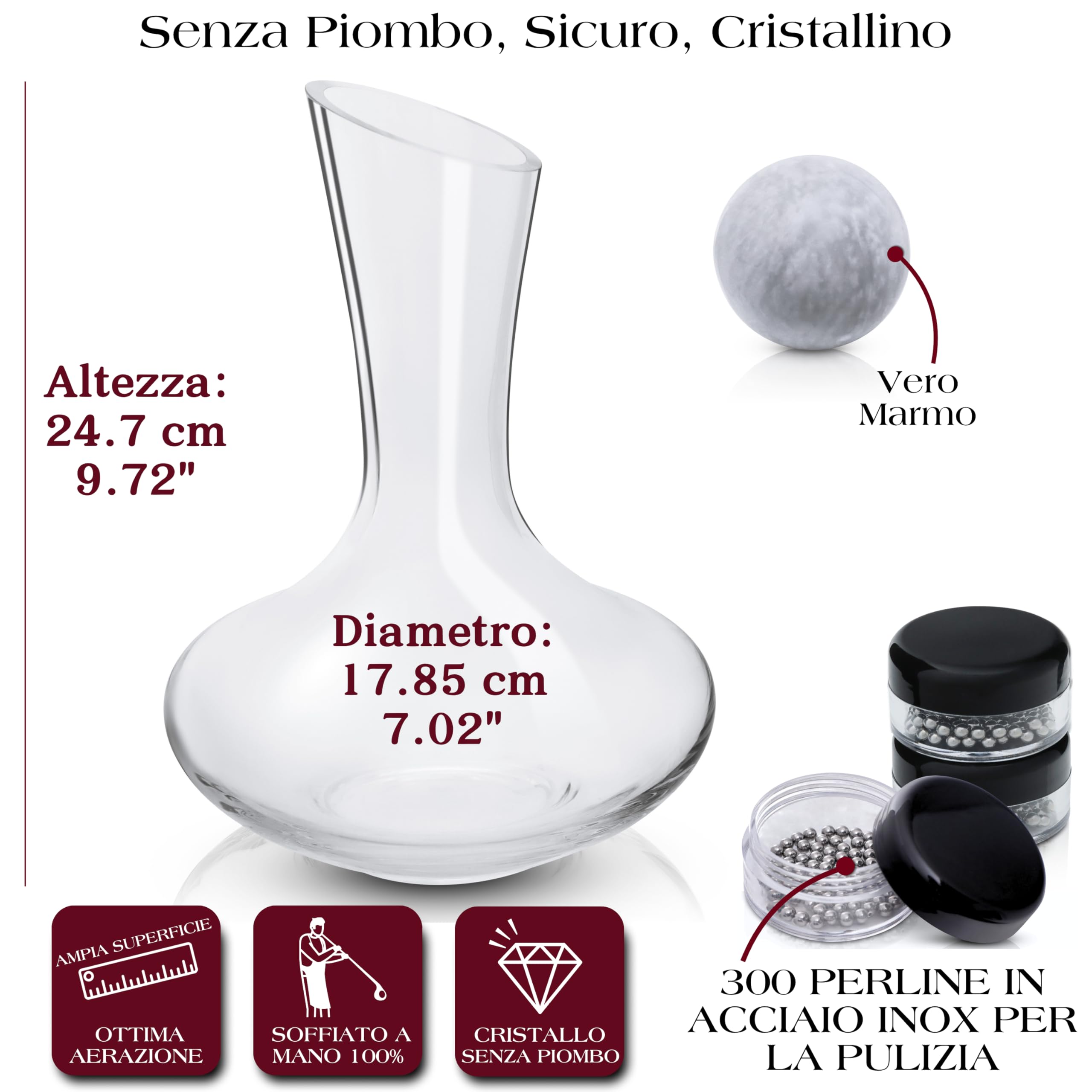 Gusto Nostro Decanter Vino in Cristallo con Tappo in Marmo – Caraffa Vino in Vetro Soffiato Senza Piombo per Vini Rossi – Decanter da 750 ml con Tappo in Pietra Naturale – Design Elegante Inclinato