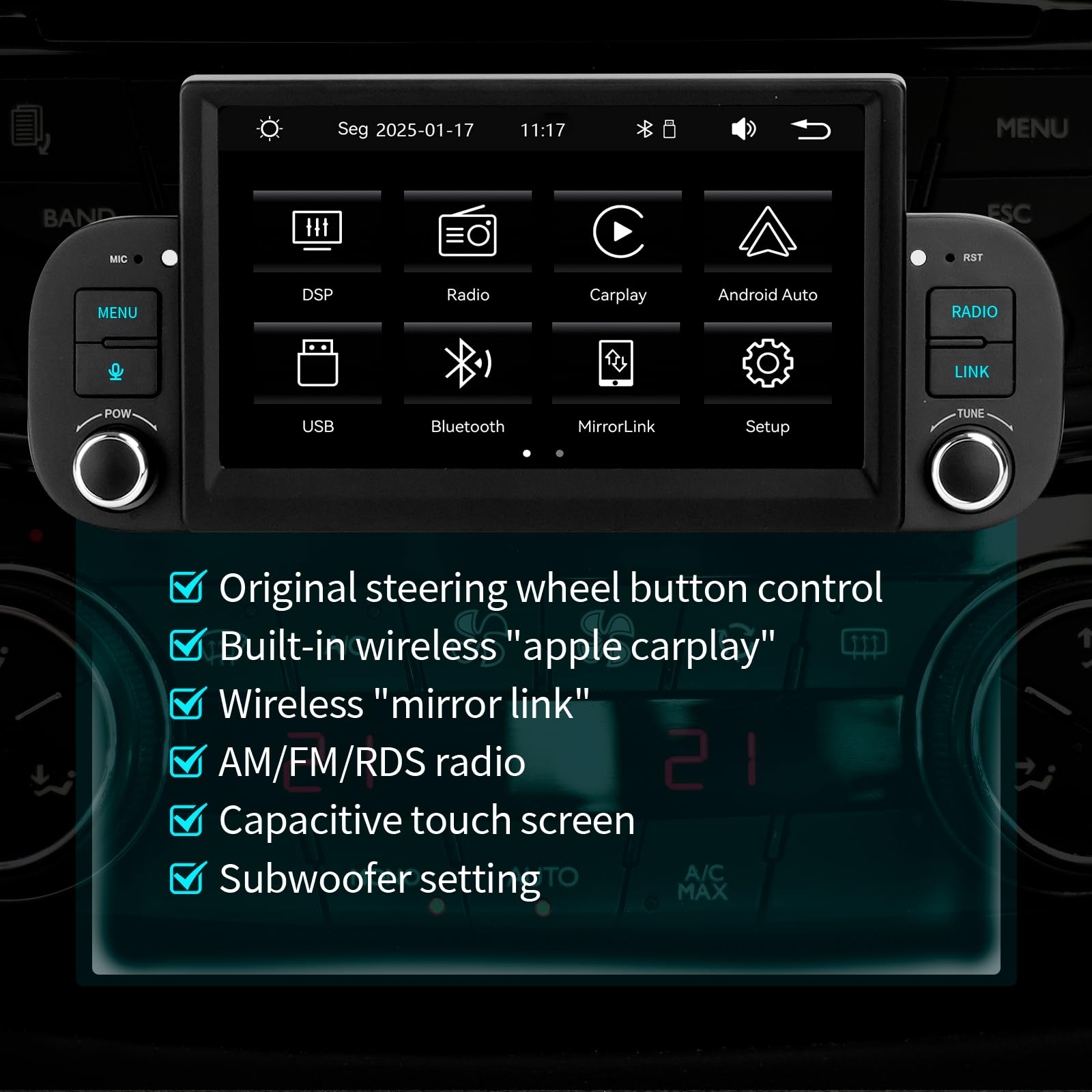 Autoradio con Sistema Linux e schermo IPS da 7 pollici, compatibile con Fiat Panda (2013-2020) | CarPlay & Android Auto wireless integrati | Supporta AM/FM/RDS | Con DSP/USB/Bluetooth/Microfono
