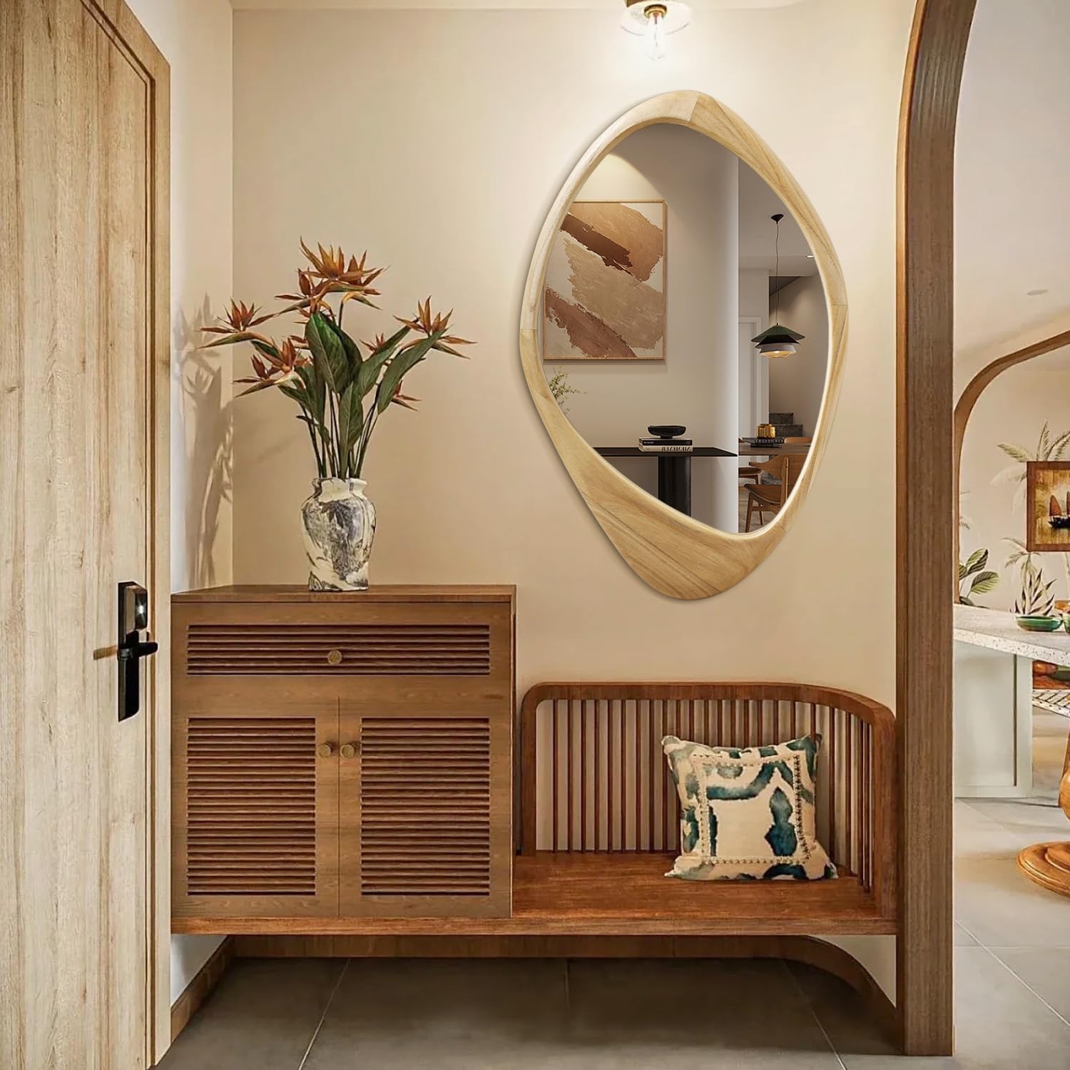 AAZZKANG Espejo de pared grande con marco de madera irregular de 70 x 50 cm, espejos colgantes asimétricos decorativos para baño, dormitorio, sala de estar, entrada