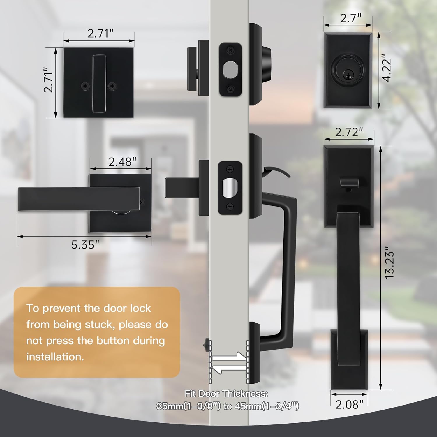 Double Front Door Lock Set, Square Heavy Duty Double Door Handle with Dummy, Entry Handleset with Deadbolt Combo, Double Door Lock Set for Front or Office Doors, Matte Black