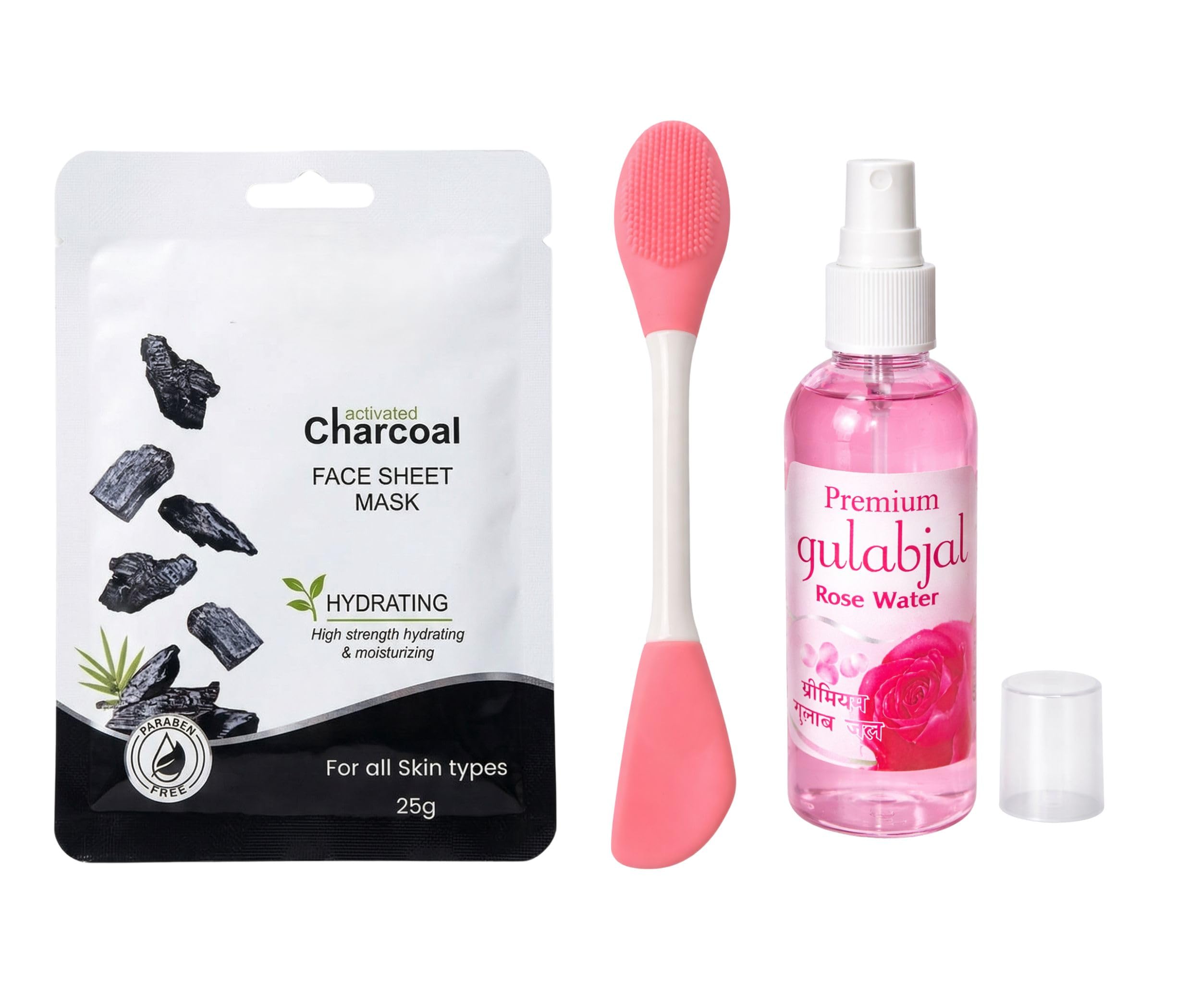 3-in-1 Skin Purifying & Hydration Skincare Combo Kit | Includes Activated Charcoal Face Sheet Mask (25g), Premium Gulabjal Rose Water Face Spray, and Double-Sided Silicone Face Mask Applicator Brush & Scrubber | Glow Facial Kit for Men & Women-picture-29
