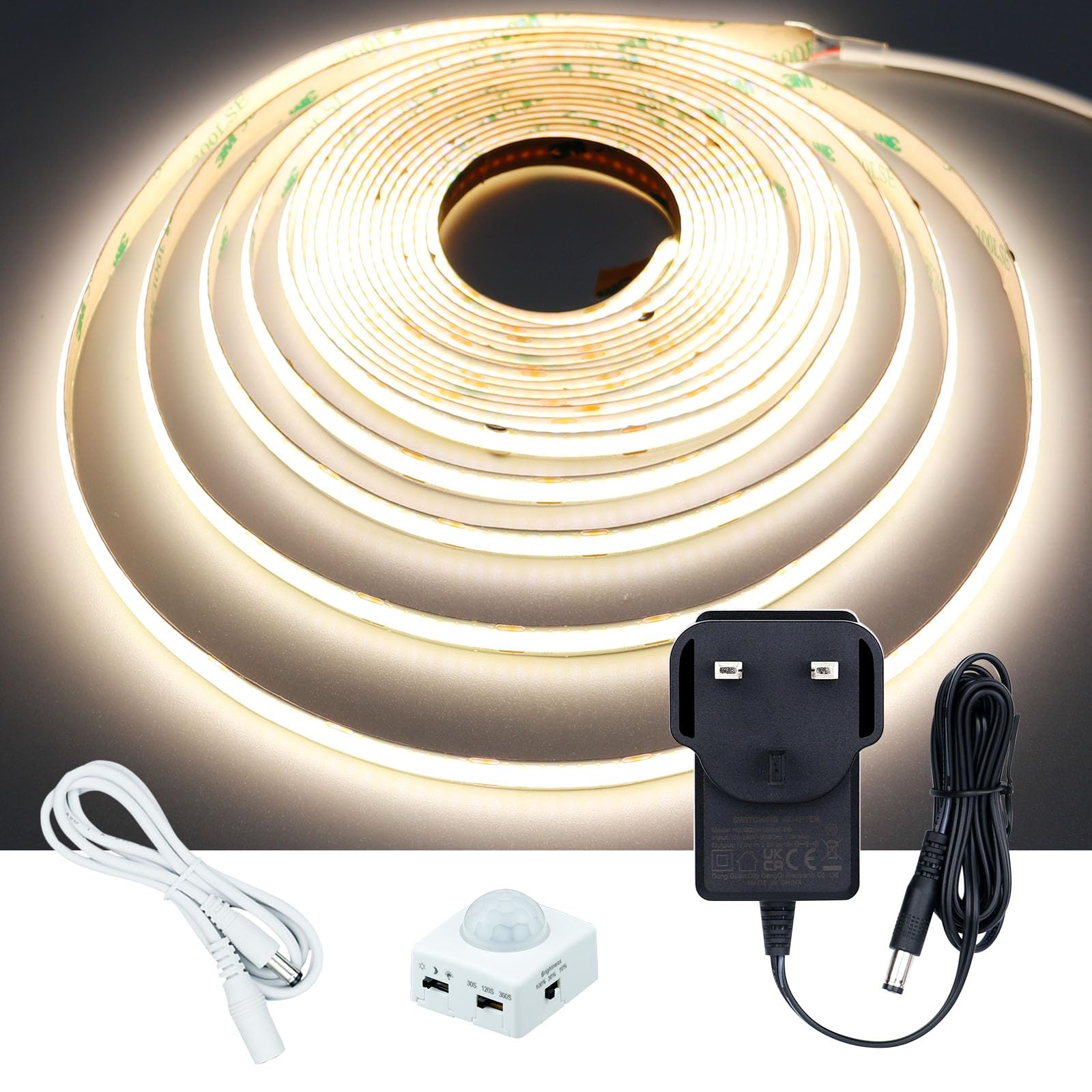 Goming Natural White Motion Sensor Cob Led Strip 16.4Ft(5M) 4000K Cri 93+ 3 Lighting Modes 3 Timing Off Modes 3 Brightness Modes With Power Adapter For Kitchen Cabinets Stair Showcase Bedroom Bed
