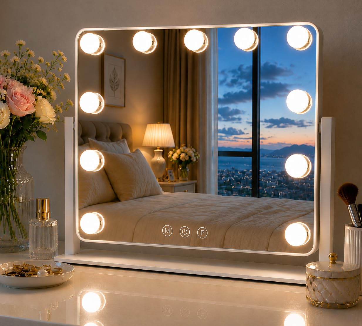 Glimmerx Makeup Mirror with Lights, Vanity Mirror with 3 Color Modes, Touch Sensor, 360 Rotatable Metal Frame, Detachable 3.5"" 10X Magnifying Mirror, Gift-Ready for Her or Bedroom