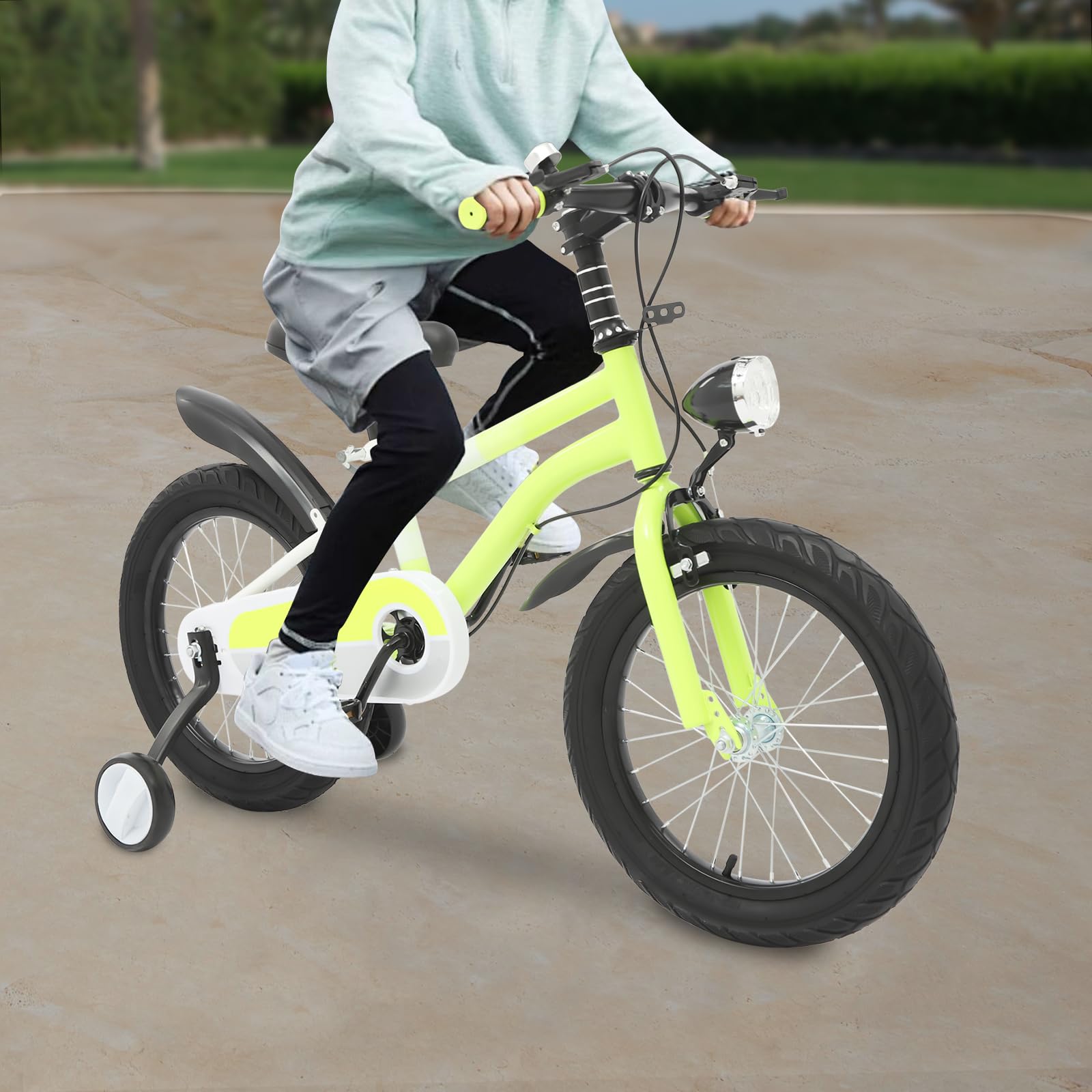 HUOMMGS Kinderfahrrad 16 Zoll Kinder Fahrrad für ab 5-8 Jahre Höhenverstellbar Jugend Fahrrad Upgraded Kinderfahrrad mit Stützrädern, LED Licht Anfänger Fahrrads für Jungen & Mädchen (Gelb) Sport & Freizeit