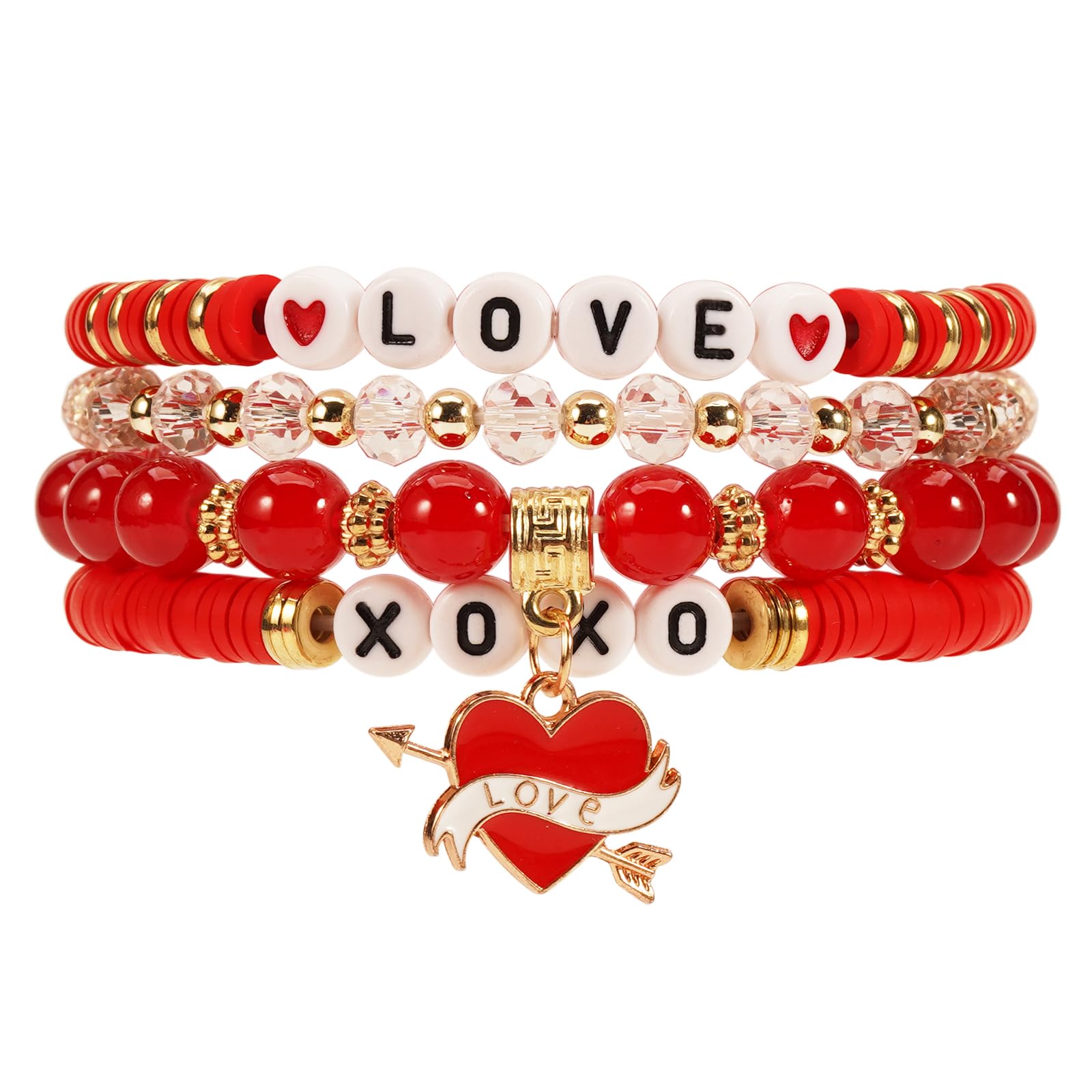 Lonext Beaded Stretch Bracelet for Women, Boho Y2k Style, St. Patrick's Day Valentine's Day Theme, 7.0 Inch, Clay Material, Round Shape, Spring Ring Clasp