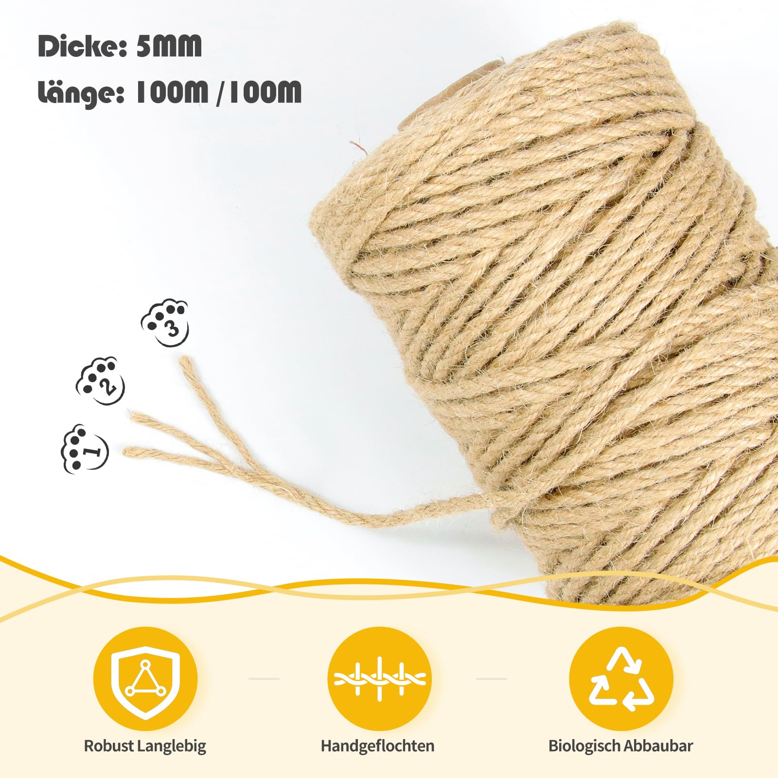 100m Natural Sisal Rope for Cat Scratching Posts - 5mm Thick, Durable & Eco-Friendly, 5mm,100m - Image 2