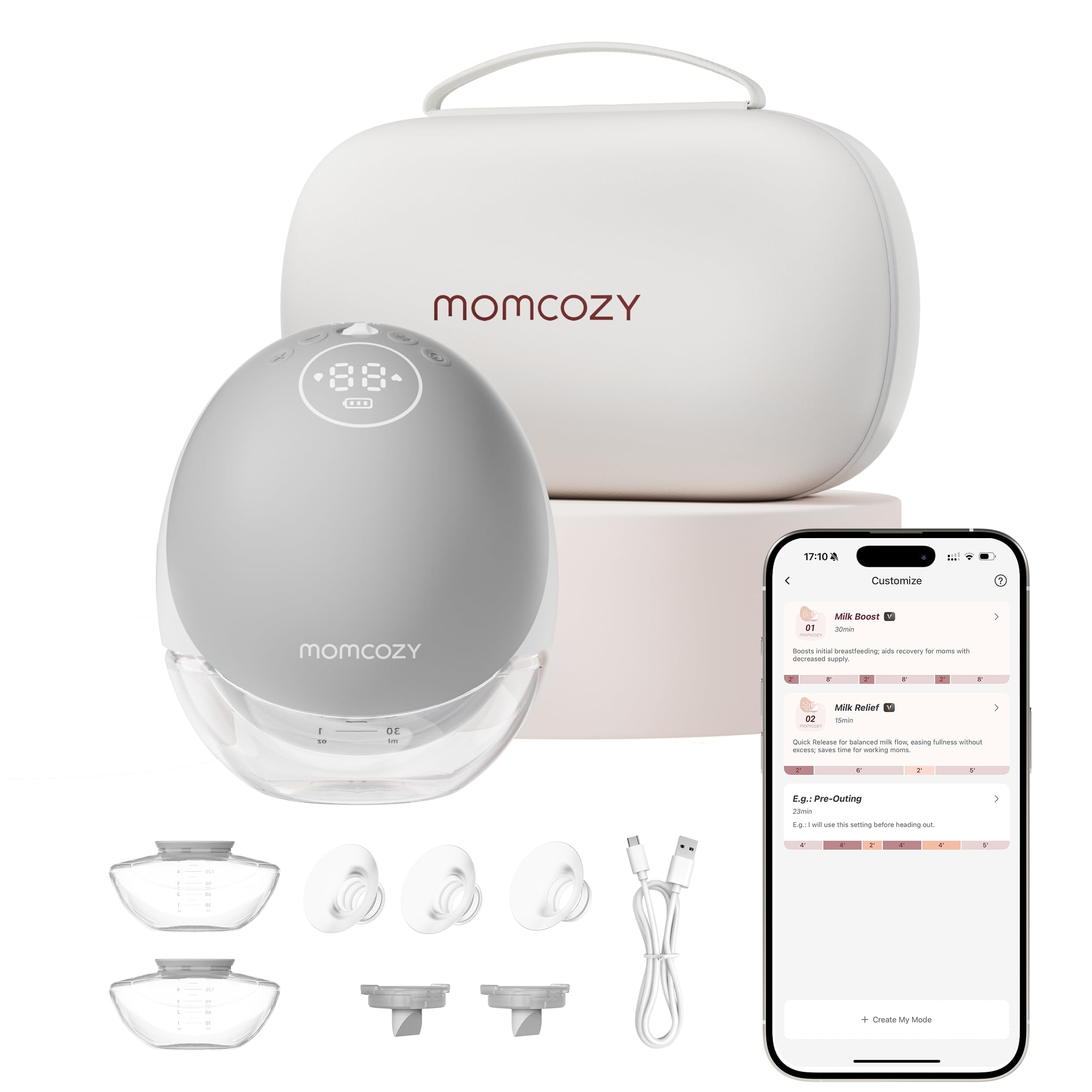 Momcozy Mobilny laktator do mleka bez użycia rąk, M9, sterowanie elektryczne i aplikacja, spersonalizowany multi-tryby i 15 stopni, przenośna pompka, 24 mm (Szary, 1 sztuka)
