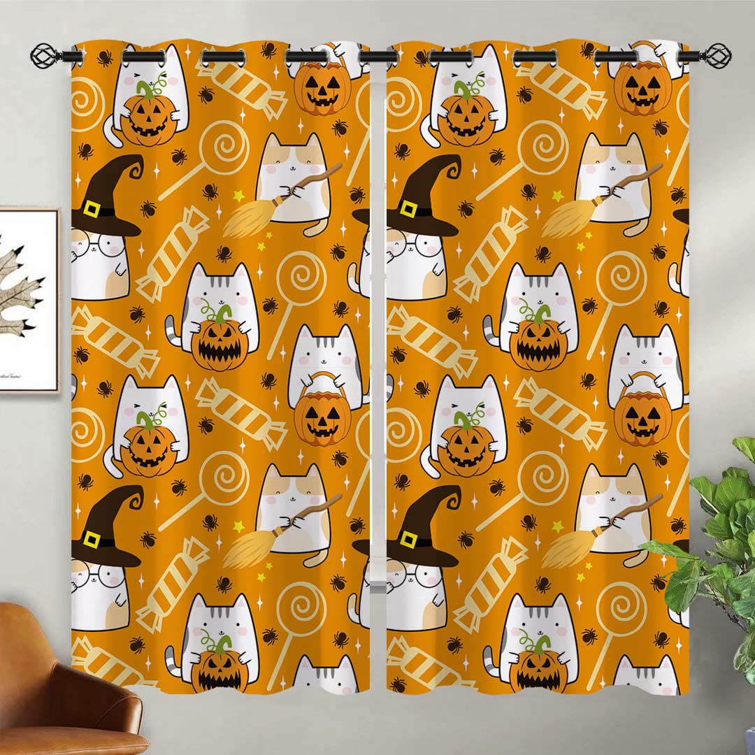 Halloween Party Blackout Curtains for Girls Boy Home Decor, Cat Pumpkin Cartoon Cute Spider Orange Grommet Thermal Insulated Drapes Darkening Window Curtain for Bedroom Living Room, 63 x 63 Inch