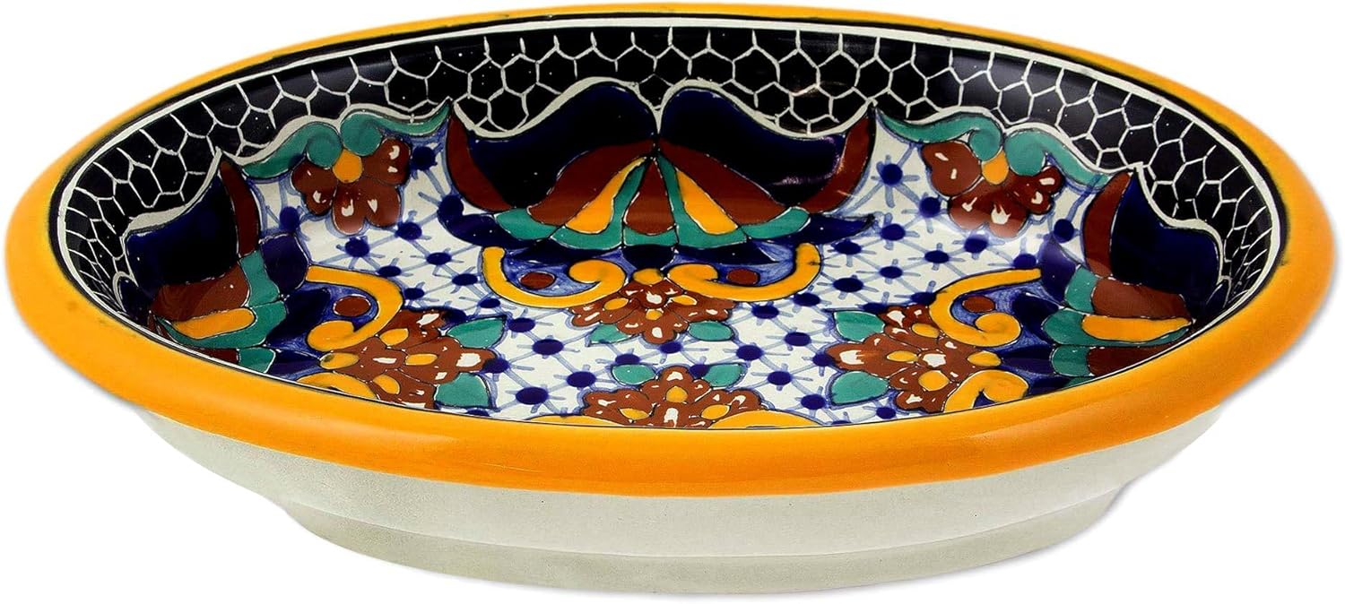 NOVICA Handmade Ceramic Salsa Bowl Artisan Majolica Multicolor Mexico Tableware Serveware Serving Bowls Spicy Mustard Talavera 'Zacatlan Flowers'