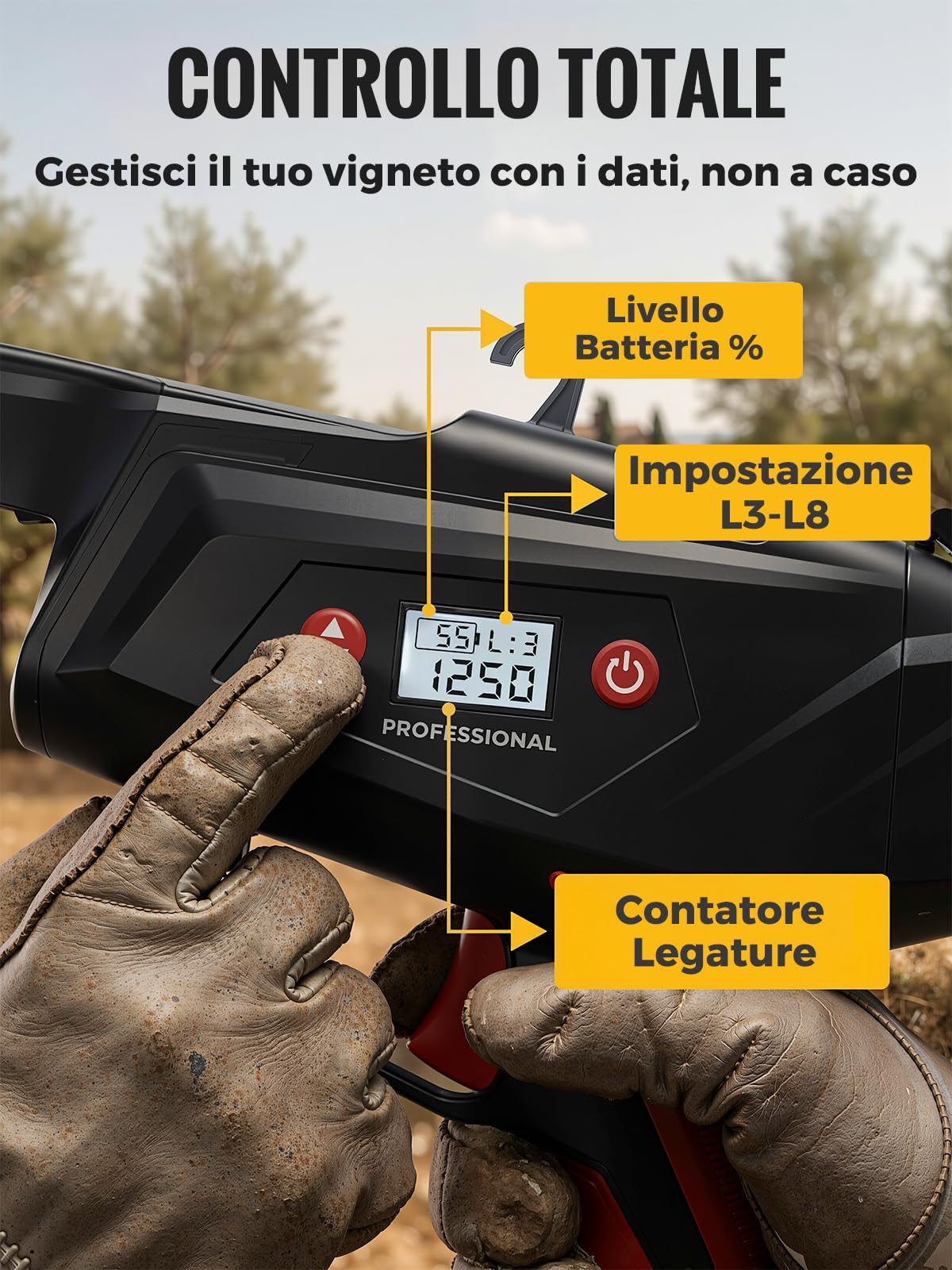 Laecabv Legatrice per Vigneto a Batteria, 6 Livelli di avvolgimento, Legatrice elettrica a 2X2Ah Batteria al Litio, Vine