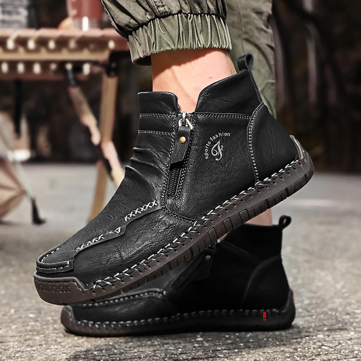 Men'S Classic Hand-Stitched Leather Platform Chukka Boots With Side Zippers Comfortable Casual Round Toe Non-Slip Soft-Soled Ankle Boots Stylish Outdoor Activity Work Driving Moccasin Boots