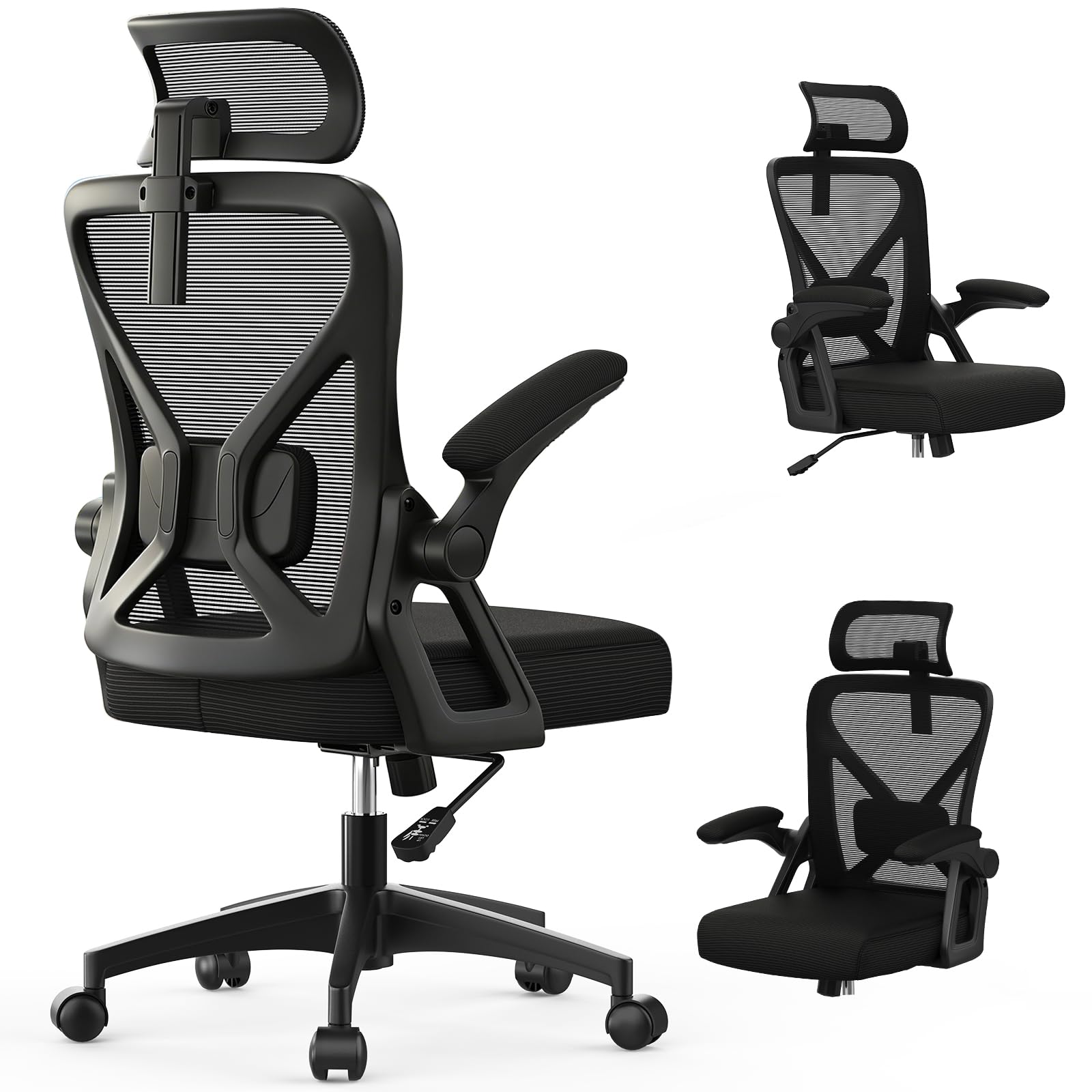 YONISEE Sedia da Ufficio, Sedia Ergonomica da Scrivania con Supporto Lombare Imbottito e Braccioli Ribaltabili - Sedia da Computer con Schienale alto e Poggiatesta Regolabile per Lavoro/Studio (Nero)