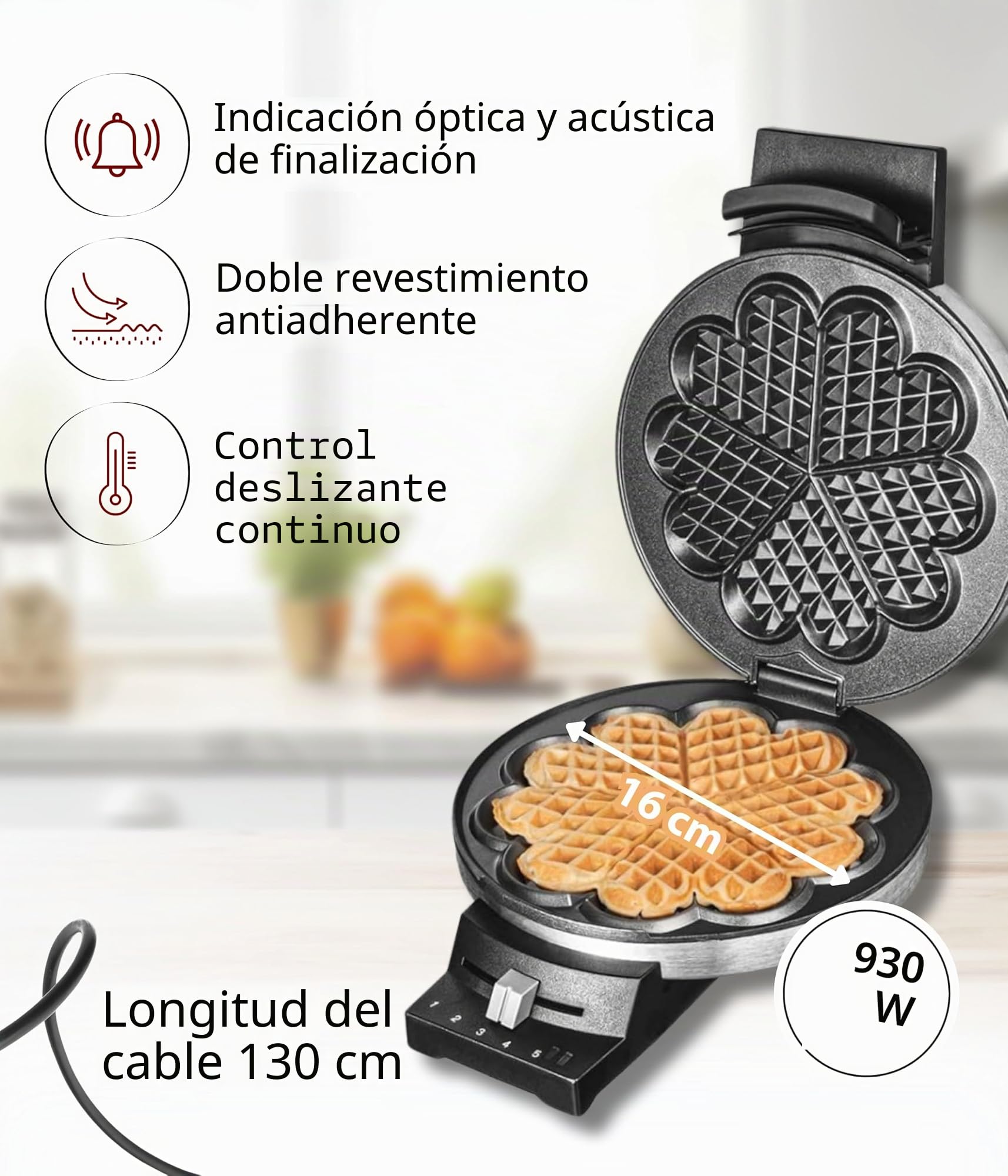 Cloer 189 Gofrera para gofres, revestimiento antiadherente doble, 930 Vatios, tamaño de gofre 16 cm, Placas para hornear pesadas, señal acústica y lámparas piloto, acero inoxidable