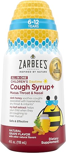 Zarbee's Tos diurna todo en uno para niños de 6 a 12 años con miel oscura, cúrcuma, vitaminas B y zinc, 1 recomendado por pediatra, sin drogas ni