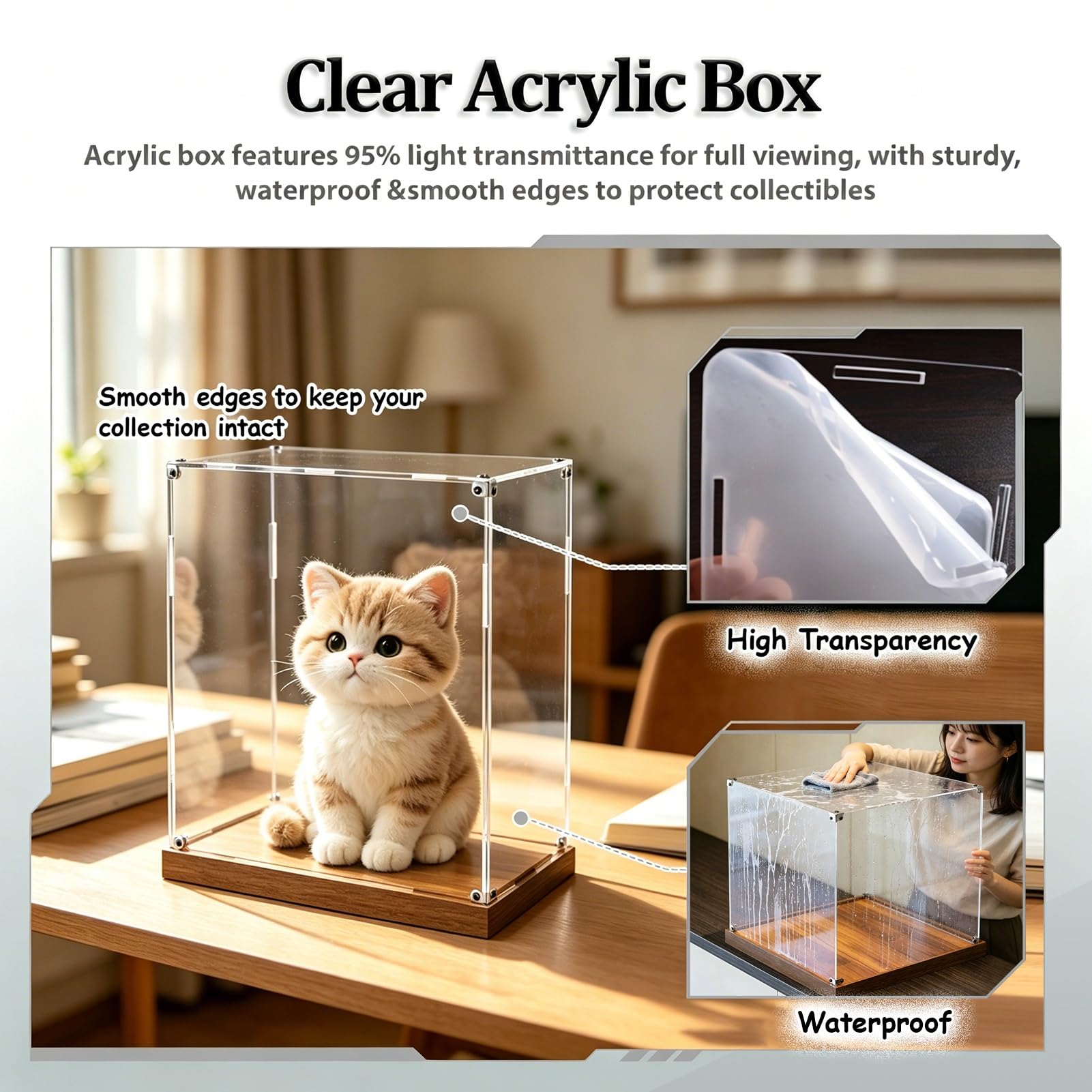 UrbanUp Urna Metacrilato Caja Cuadrada Cúbica de Acrílico Transparente con Base de Madera, Vitrina para Objetos de Colección/Figuras Esquinas Metálicas, Organizador Grande(8x8xH10/20x20x25cm)