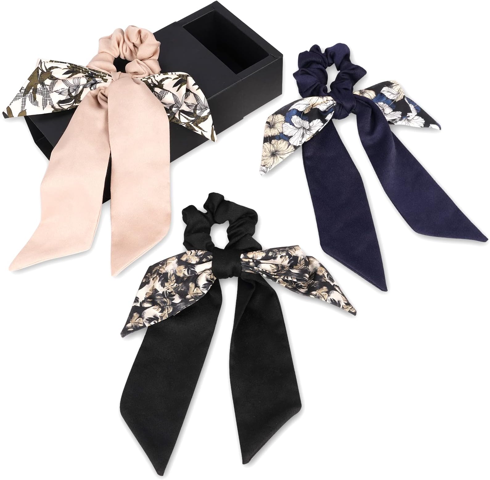 Lolalet 3 Set Hair Scrunchies, Silk Scarf Hair Tie Ribbon Bunny Ear Satin Floral Chiffon Elastic Hair Band Ponytail Holder Thick Thin Hair Robs with Bow Scrunchy for Women Girl