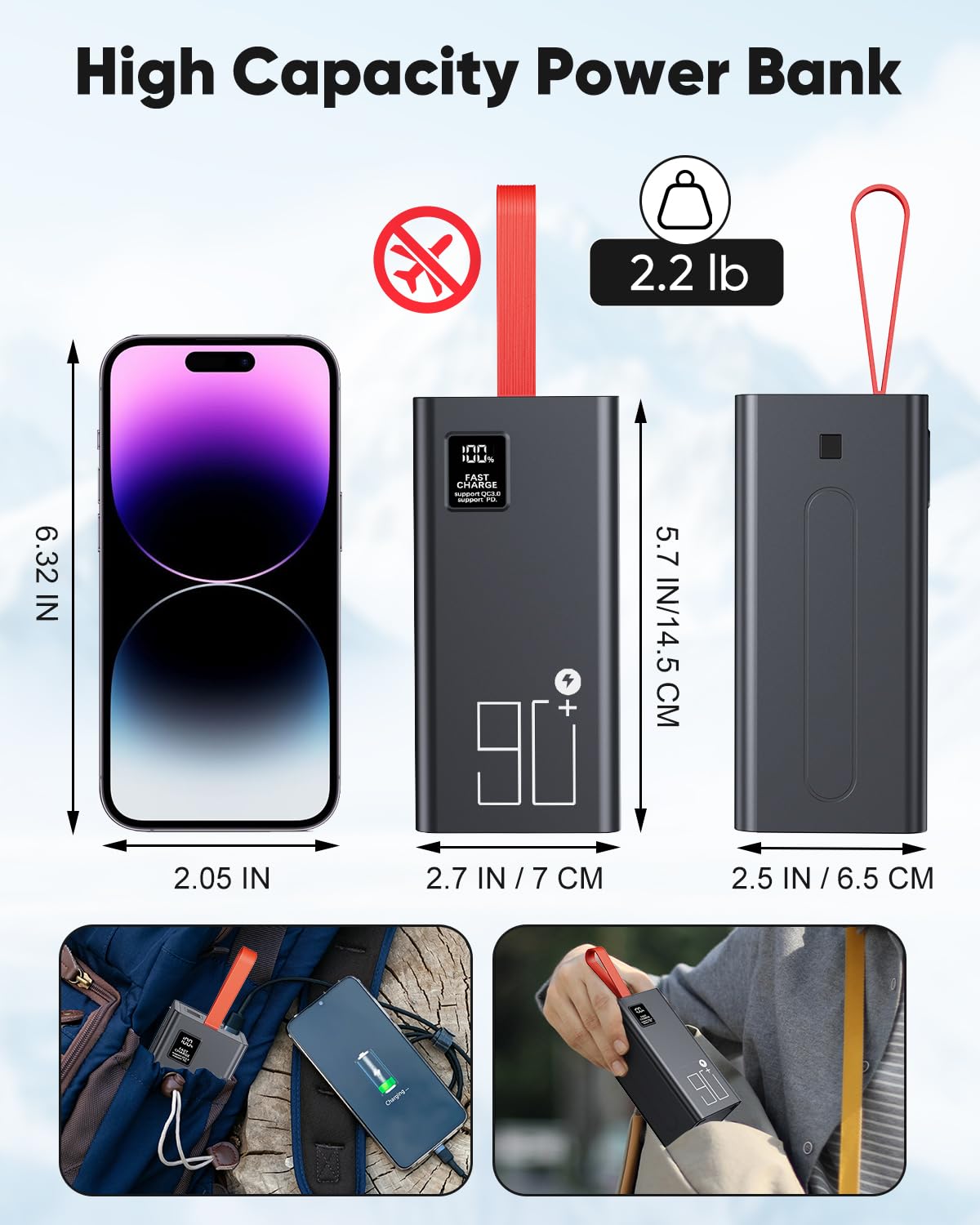 Power Bank 90000mAh, große powerbank, Externer Handyakku PD 30W& QC 4.0 Schnell Aufladende Powerbank, USB C 5 Ausgängen & 2 Eingängen mit LED Display Tragbares Ladegerät für iPhone,Camping, Outdoor