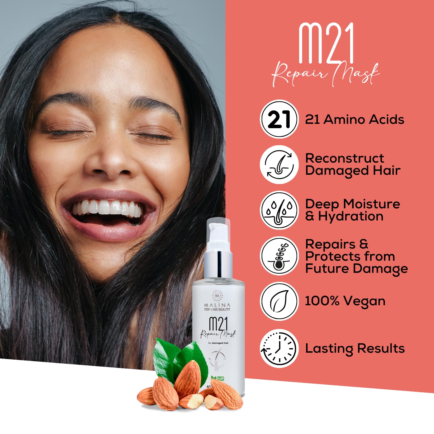 Malina Hair Mask for Damaged Hair – Leave-In Repair & Hydrating Hair Mask for Dry, Frizzy & Color Treated Hair, Made in Brazil, Full XL Size 2 Fl Oz