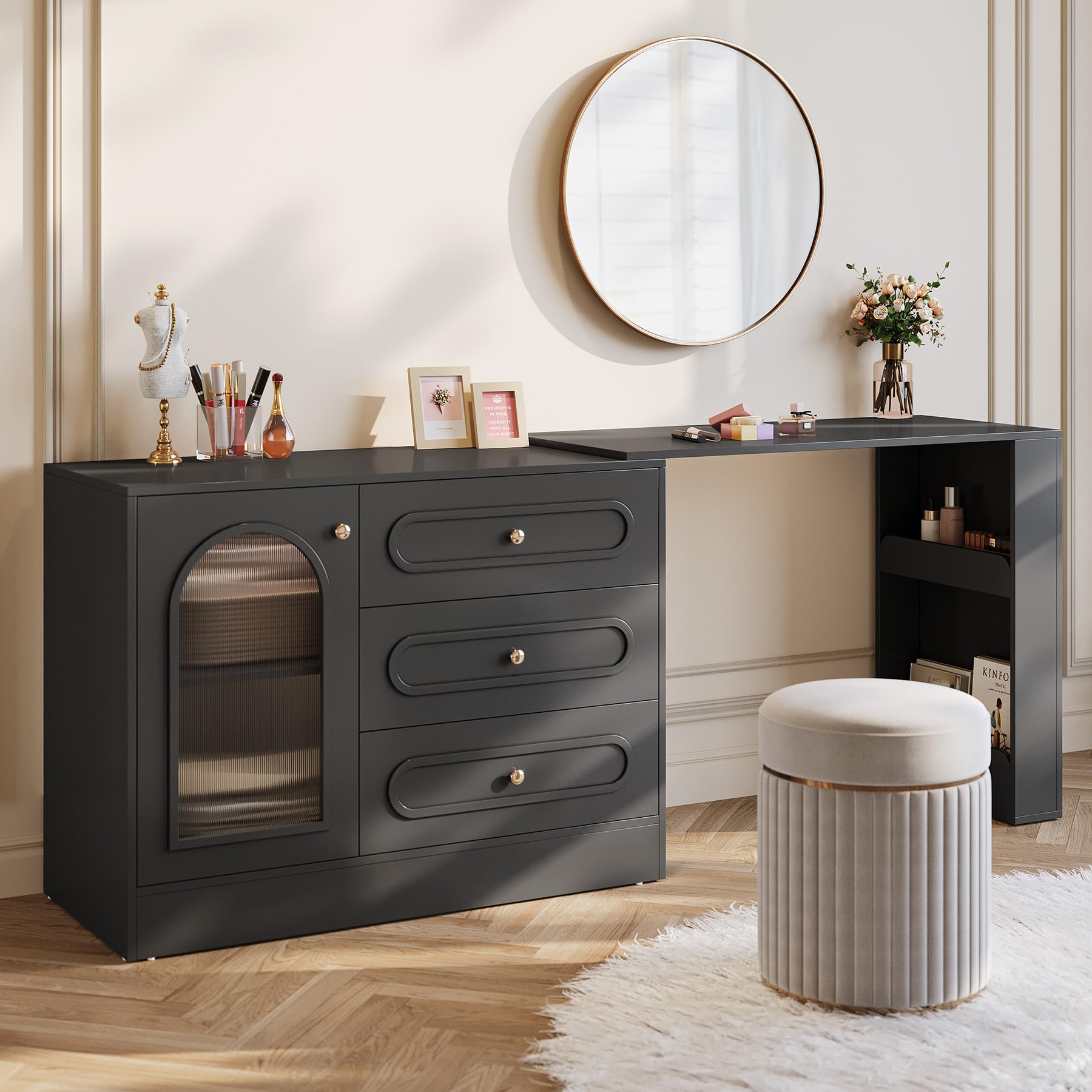 corner dressing table black Amazon.com: HAUOMS Corner Vanity Desk with Mirror and Lights, Power Outlet & Rotating Shelves, Makeup Vanities with Storage Bench, Drawers, 3 Light Settings, Dimmable for Women Girls, Black : Home & Kitchen