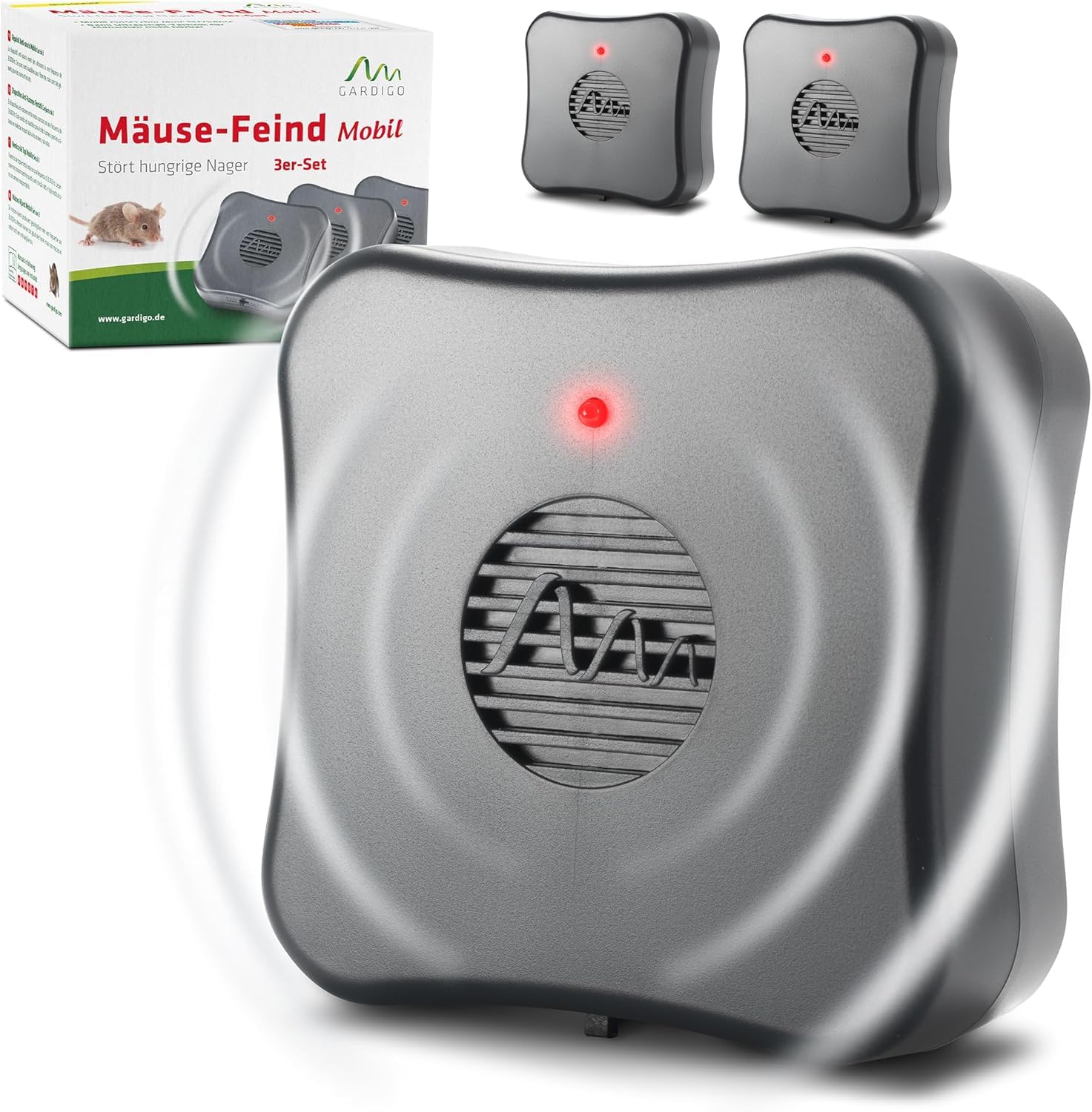 Gardigo® Repellente per Topi Mobile - 3 Pezzi | Ultrasuoni Contro Topi e Ratti | Dissuasore Antitopi a Batterie | Area di Azione Fino a ca. 40m² | per Garage, Casa, Stalla, Soffitta