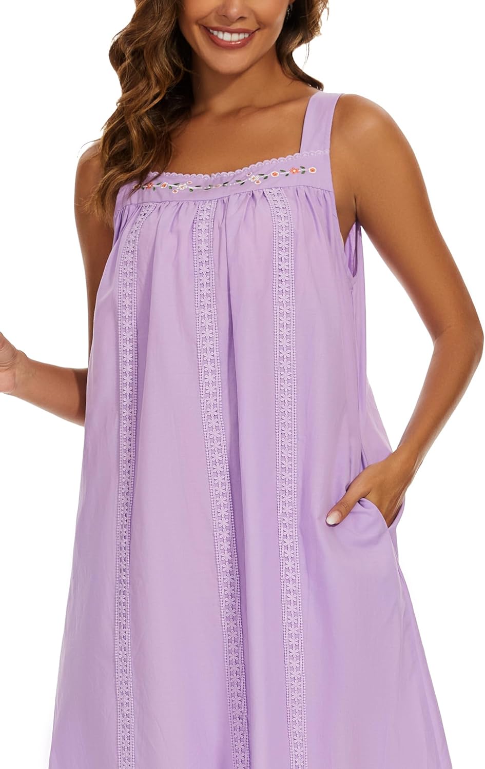 YOZLY Cotton Nightgowns for Women Embroidery Sleeveless Night Gown with Pockets S-XXXL - Image 5