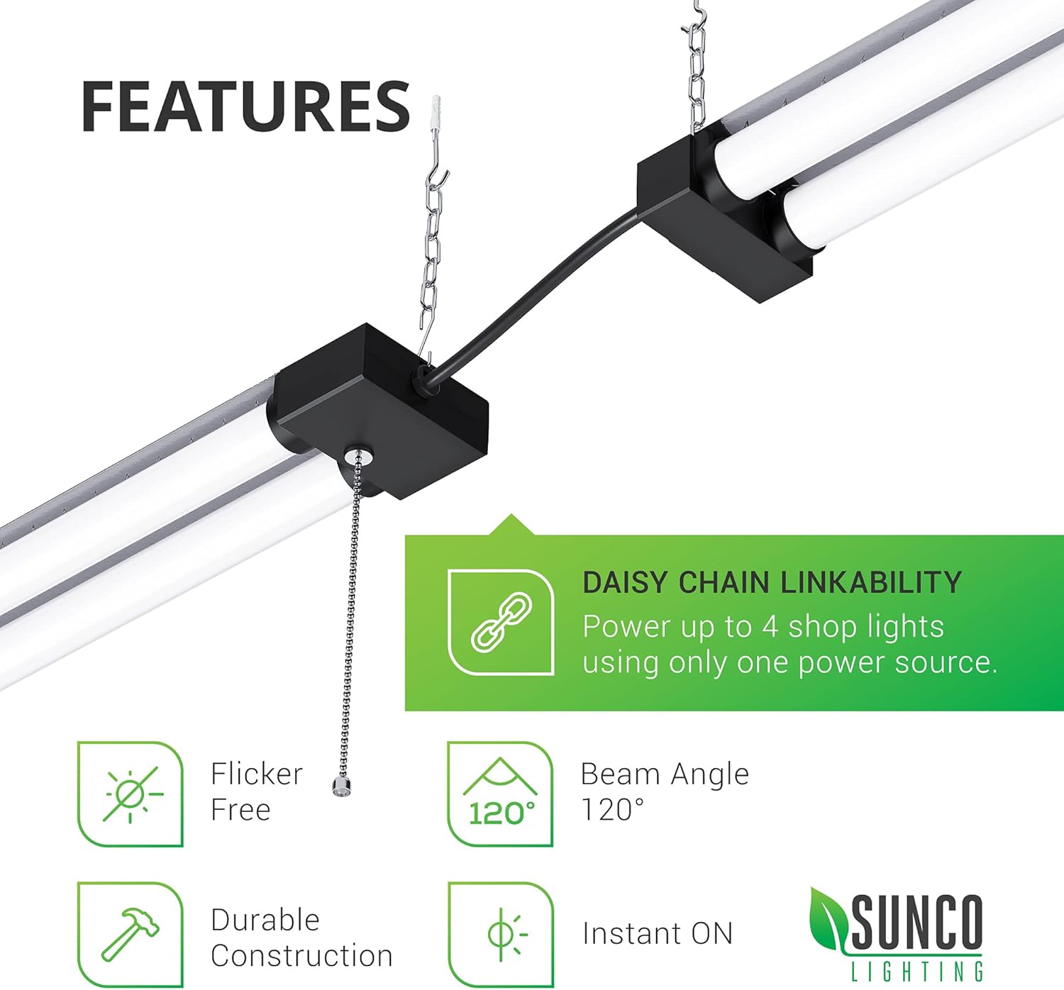 Sunco 16 Pack 40W=260W LED Shop Light for Workshop Garage 4FT, Plug in Frosted Lens Linkable Utility Industrial Fixture, 6000K Daylight Deluxe, 4100 Lumens Non-Dimmable, Hanging, Pull Chain - ETL