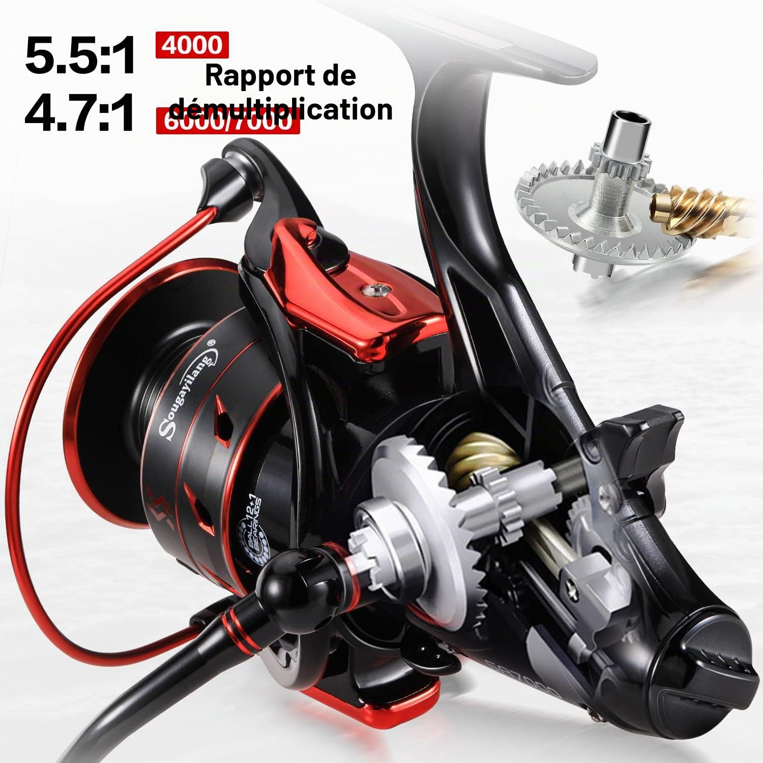 Sougayilang SA Carpe Moulinet 5.5:1 Bobine métallique à Grande Vitesse, puissante filage Moulinets de pêche 12+1BB Carpe et Silure Moulinet de pêche + Bobine Graphite de Rechange