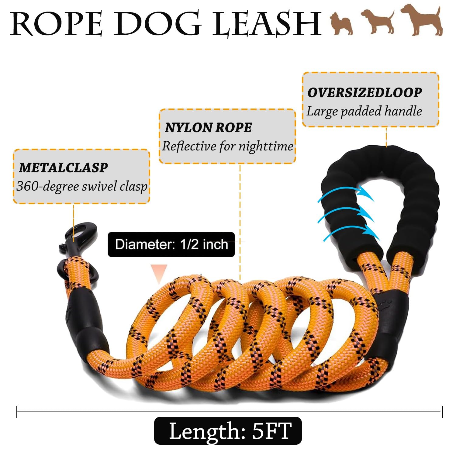 Denipry Dog Lead 5 FT Heavy Duty Nylon Rope Pet Leash with Comfortable Padded Handle, Metal Sturdy Clasp - Image 2