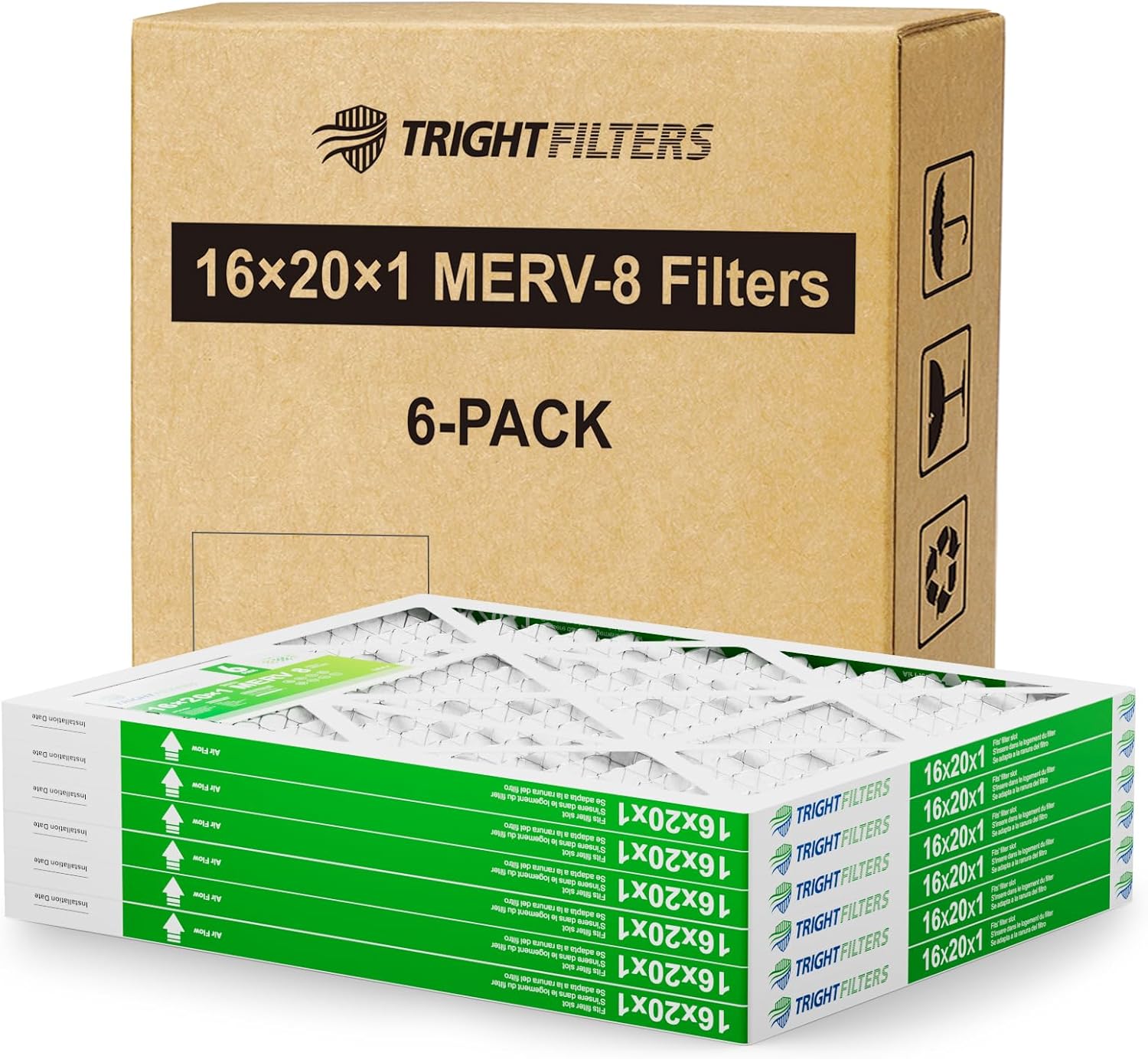 16x20x1 Air Filter, MERV 8 Dust Defense Pleated HVAC AC Furnace Air Conditioner Filters Replacement, TRIGHTFILTERS 6 Pack