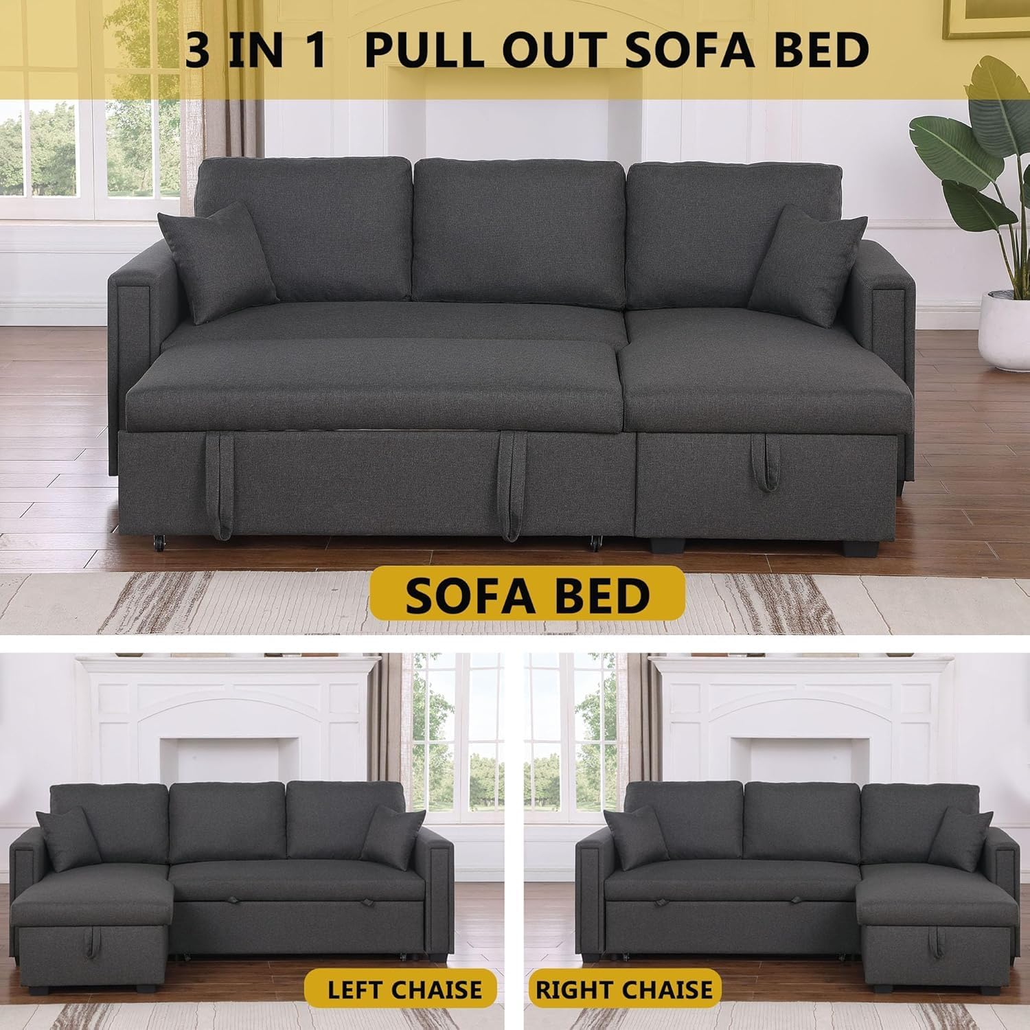 Sleeper Sofa with Storage Chaise, 84" Small Sectional Couch with Pull Out Bed, L Shaped Convertible Sleeper Couches for Bedroom, Living Room (Grey)