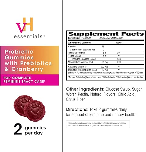 Miniatura 5 de vH essentials Gomitas probióticas con prebióticos y arándano, extracto concentrado para la salud del tracto urinario, apoya el equilibrio