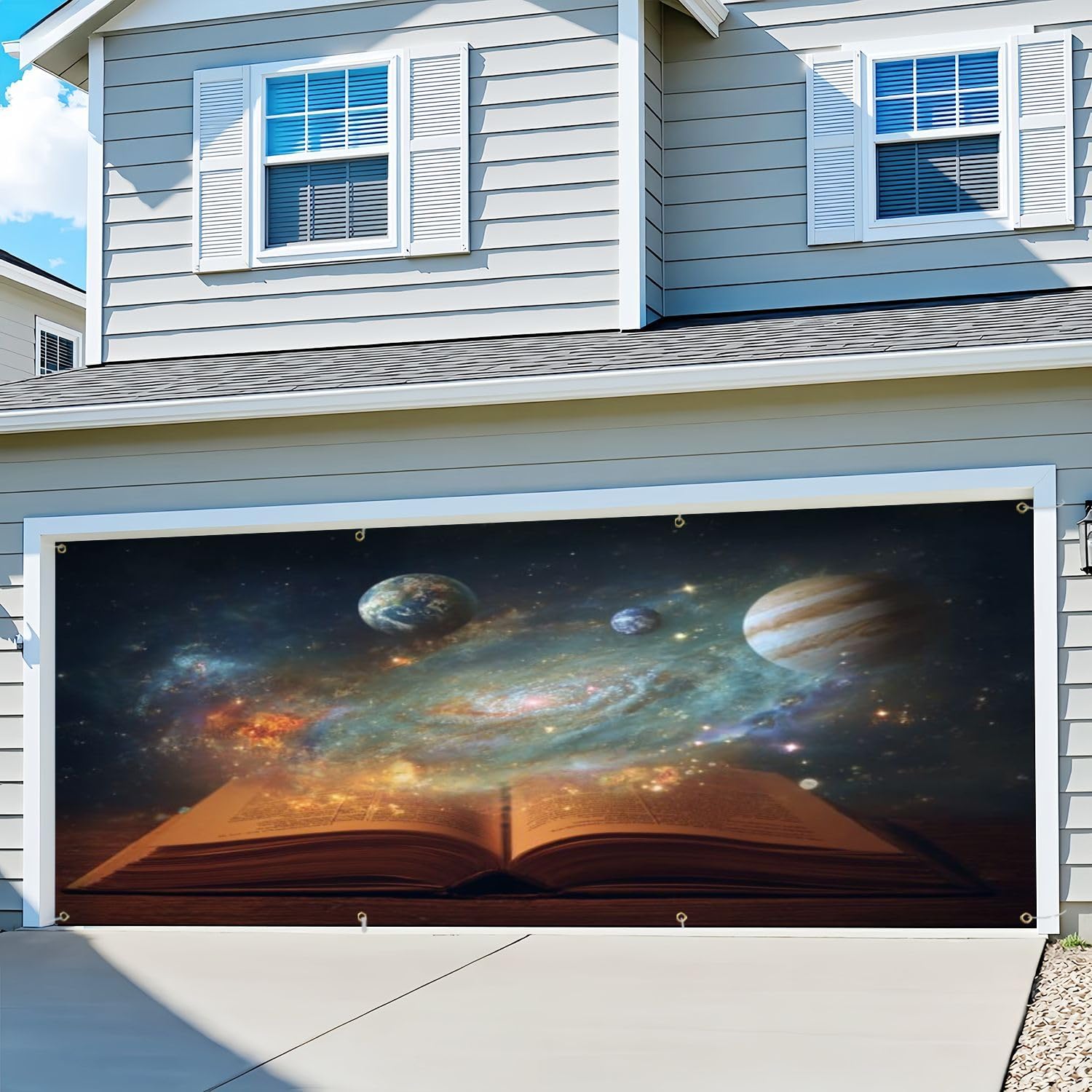 6x13ft Garage Door Cover Book Universe Opened Magic Book Planets Galaxies Elements This Garage Door Banner Decorations Polyester Door Mural Backdrop for Outdoor Indoor Party Background Decor