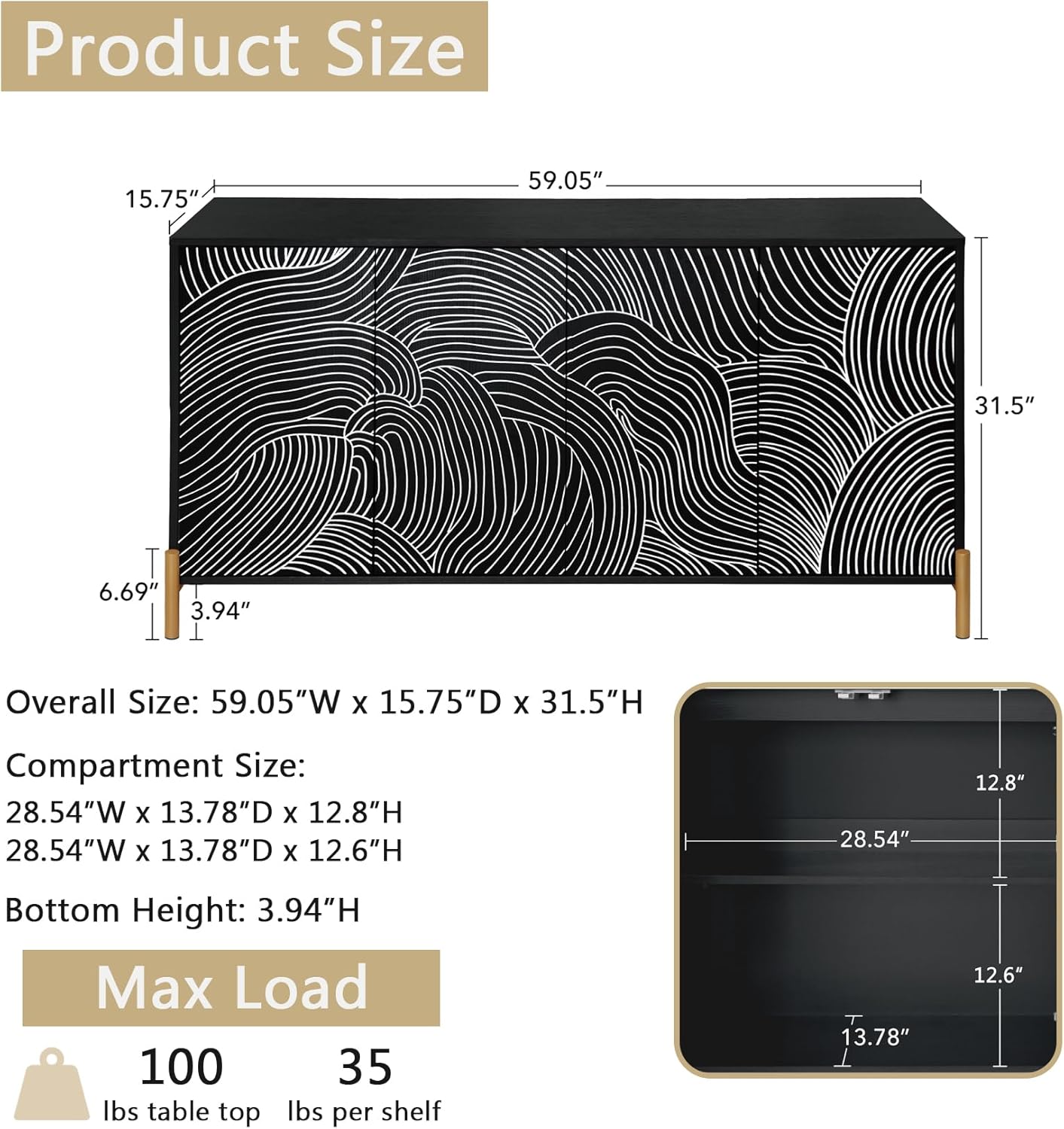 59" Buffet Cabinet, Wood Accent Cabinets with 4 Doors, Modern Cabinet with Adjustable Shelf, Credenzas for Living Room, Kitchen (Black)