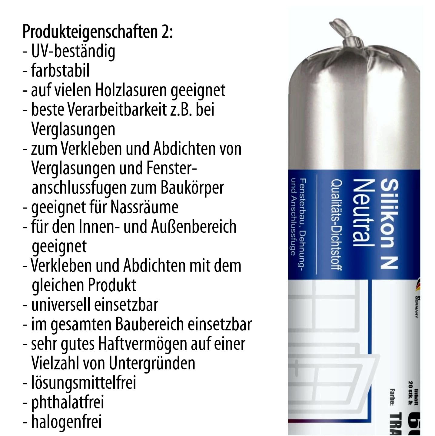 Silikon N Bausilikon transparent - Folienbeutel – neutralvernetzend für Fenster- & Bauanschlussfugen, Glasversiegelung & Dehnfugen – sehr gut verarbeitbar - 12x 400 ml