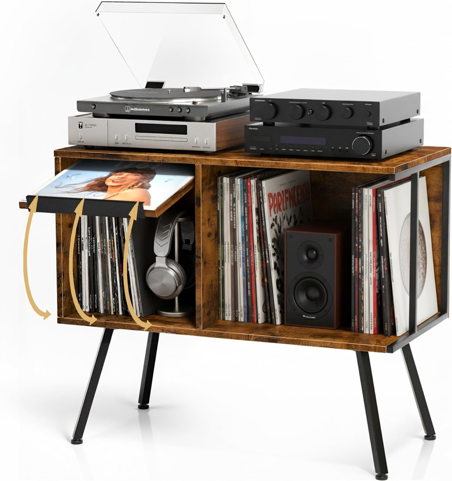 Flip Top Record Player Stand, Large Record Player Cabinet Holds up to 250+ Albums, Mid-Century Turntable Table with Open Storage, Vinyl Record Storage Display Shelf for Living Room, Bedroom, Brown
