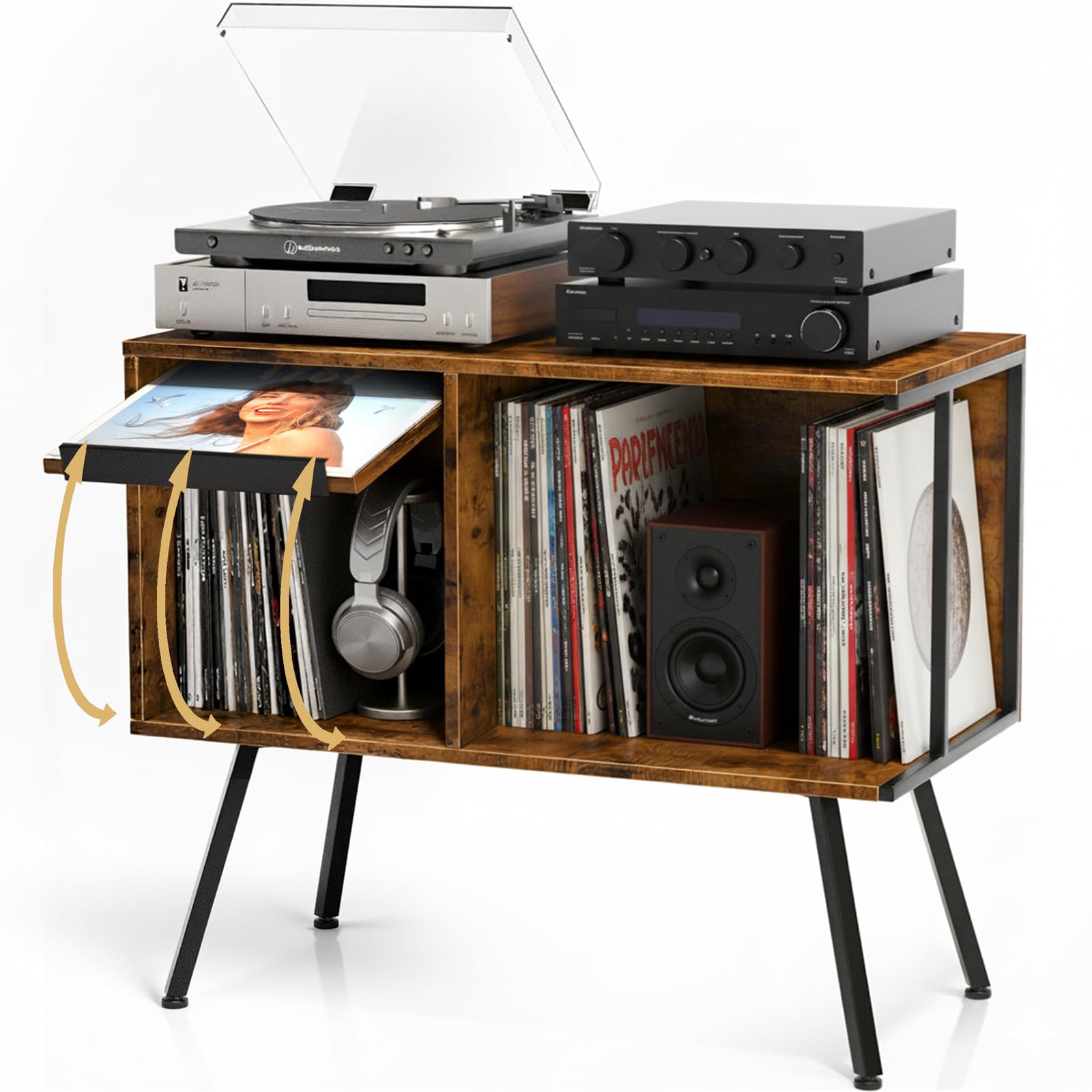 Faesun Flip Top Record Player Stand, Large Turntable Stand Holds up to 150+ Albums, Vintage Mid Century Record Player Table, Stereo Cabinet with Open