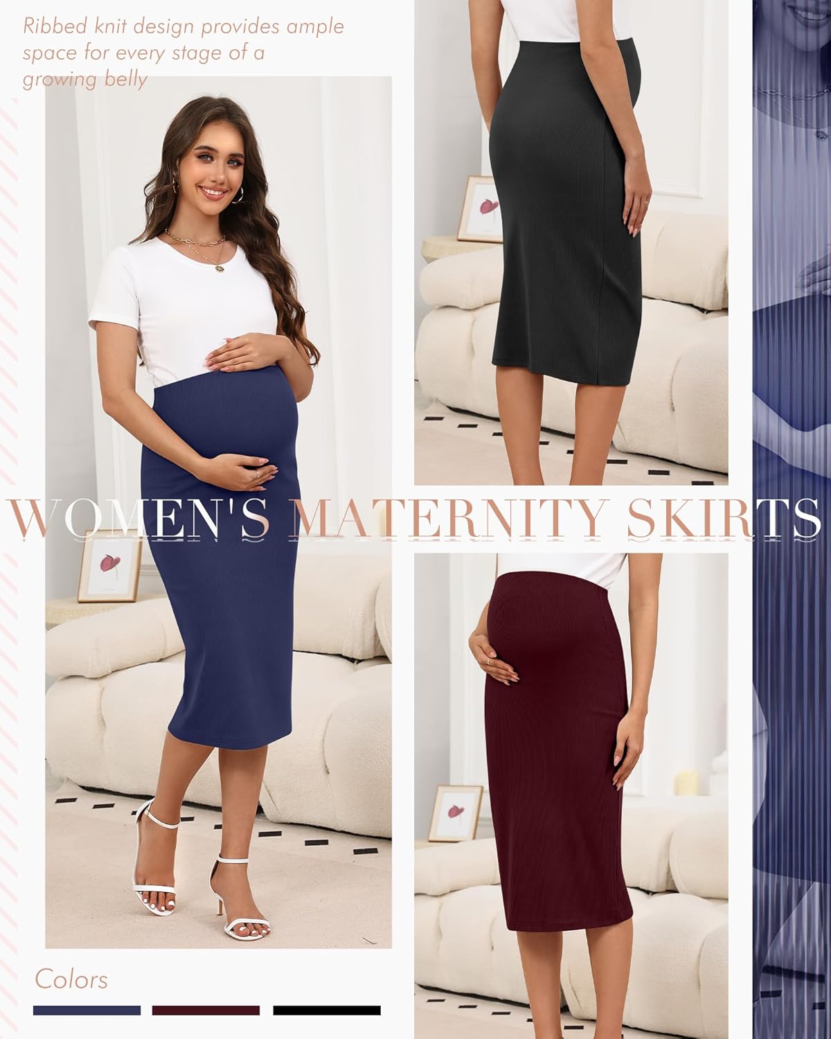 3 Pack Women's Maternity Skirts, Over The Belly Thermal Midi Ribbed Pregnancy High Waisted Stretchy Pencil Skirts - Image 6