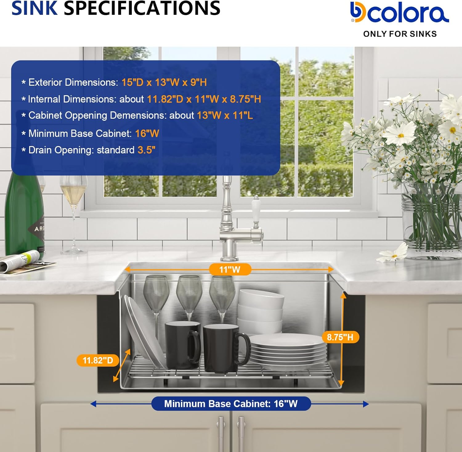 Dcolora Undermount Small Bar Sink 13x15x9 inches, Brushed 304 Stainless Steel, Heavy Duty 16 Gauce, Save Space with Full-size Cutting Board #DC-UW258001