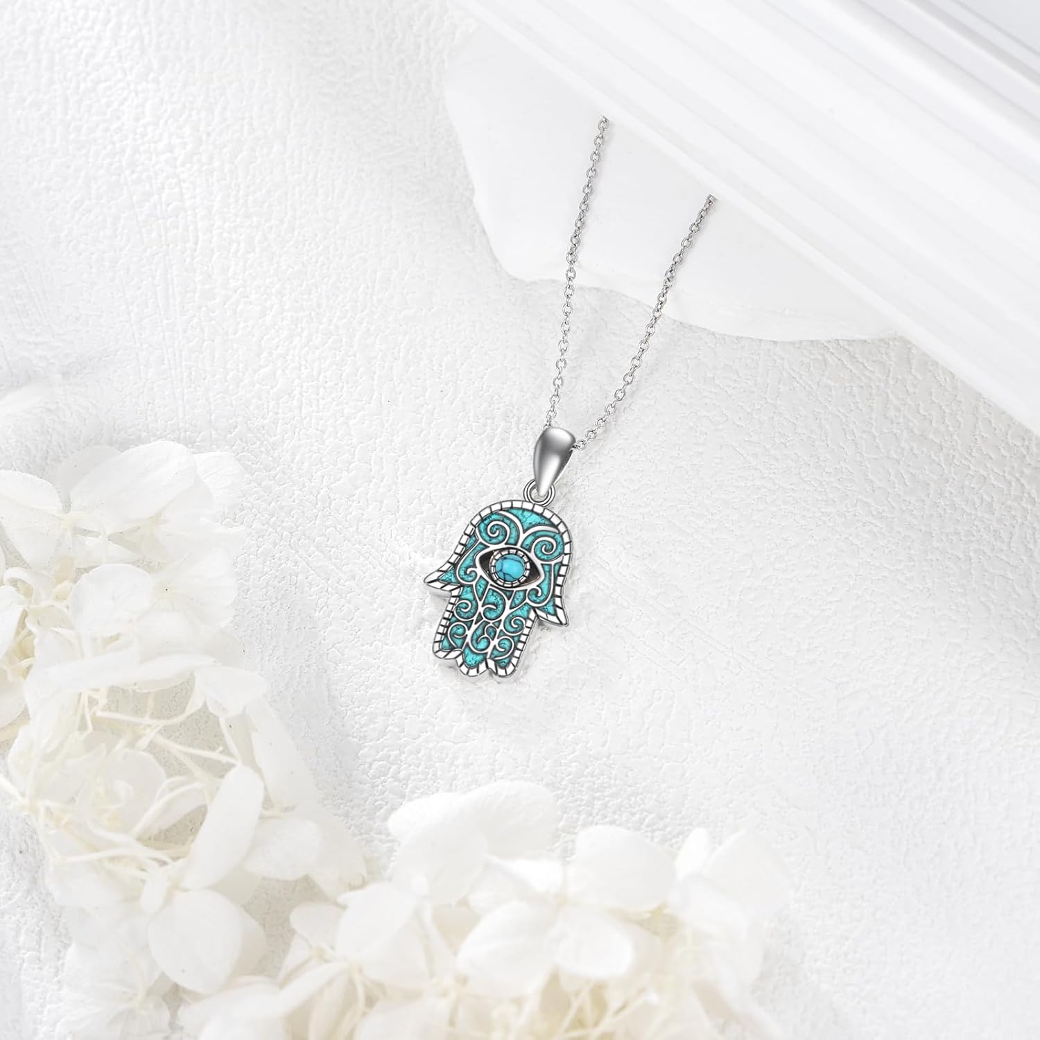 Turquoise Hamsa Necklace 925 Sterling Silver Evil Eye Necklace Evil Eye Jewelry Protection Jewelry Gifts for Women Men - Image 2