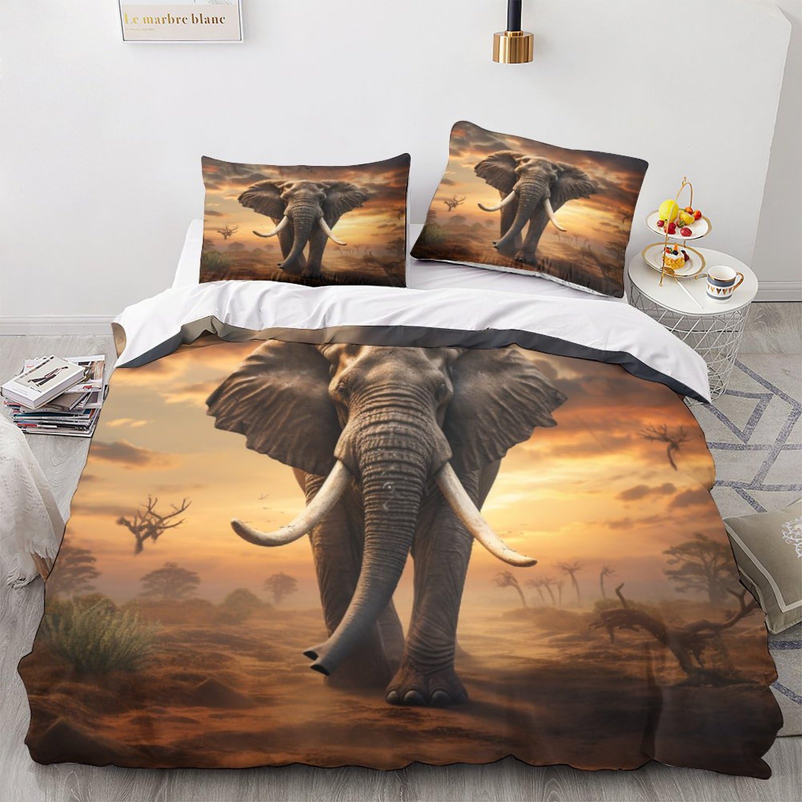 OPSREY Elephant Warmth to Sleep Comforter Cover Hidden Zipper African Elephant Duvet Cover Set with Pillowcases Bedding Set Soft Microfiber Quilt Cover Set Various Sizes King（220x240cm）