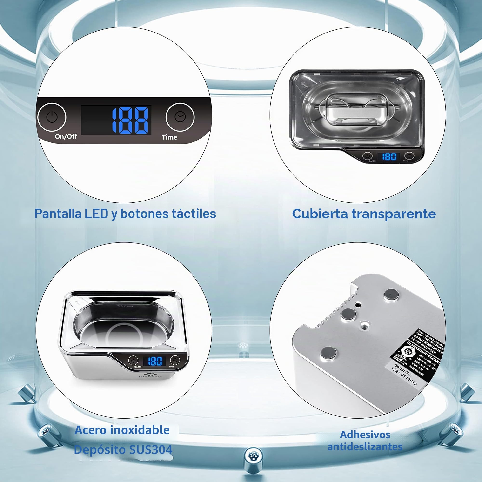 LifeBasis Limpiador ultrasónico – Dispositivo de limpieza por ultrasonidos 600 ml dispositivo digital de limpieza de gafas dispositivo ultrasónico 42 KHz dispositivo ultrasónico para limpieza de