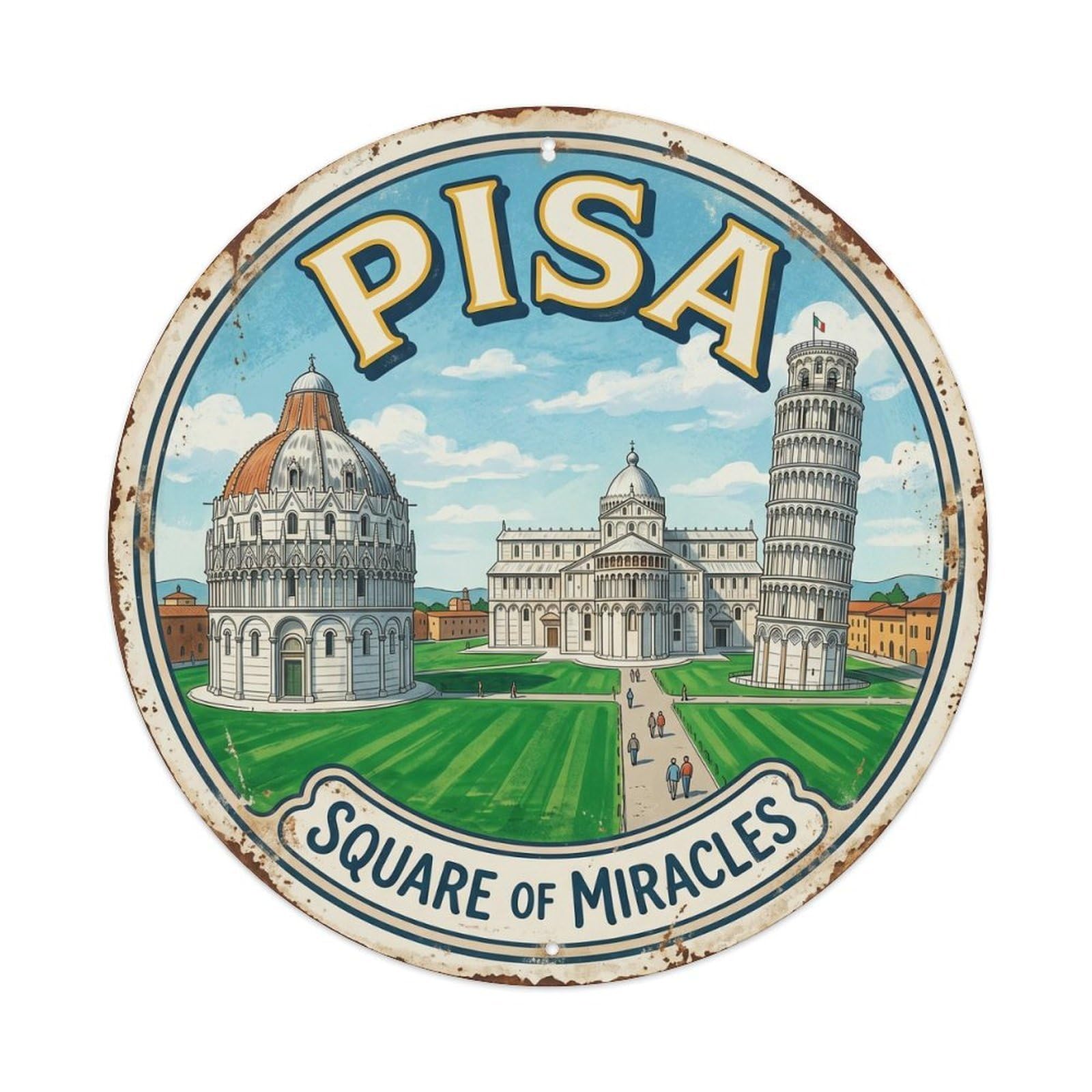 Cmhok Vintage Style Vintage Travel Miracle Square Pisa Metal Tin Sign Plaque Wall Decor For Cafe, Club, Garden Round Metal Poster 8X8inch